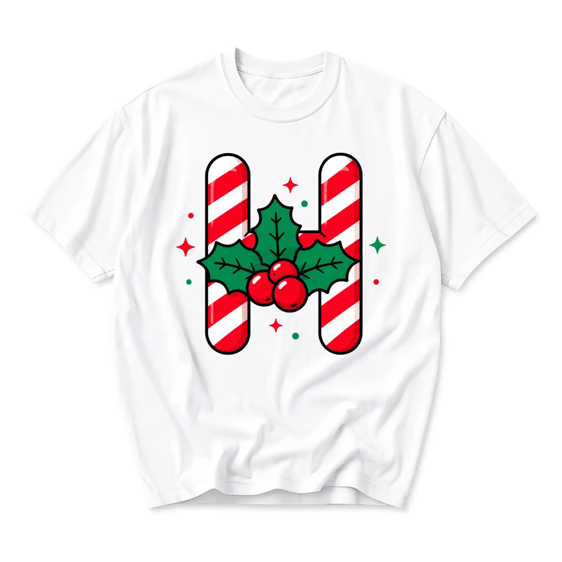 Graphic Tee Candy Cane Letter H Holiday Shirt Unisex Casual Crew Neck Top for Festive Style and Everyday Wear