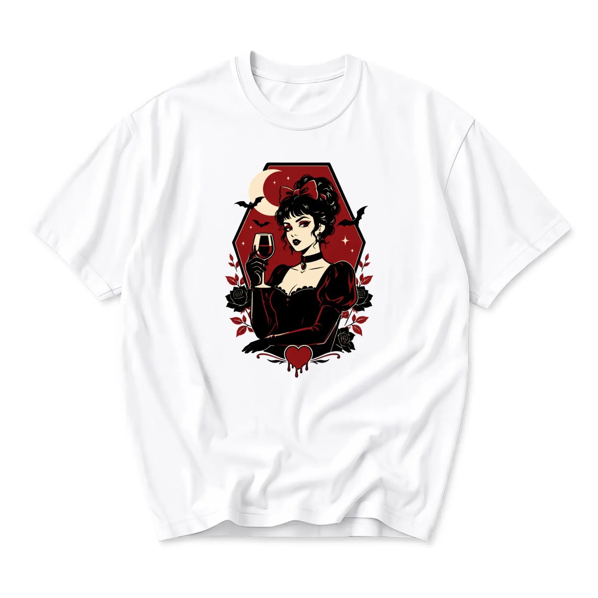 Graphic Tee Gothic Vampire Lady Print Unisex Crew Neck T-Shirt Soft Cotton Blend Casual Everyday Apparel Top for Adults