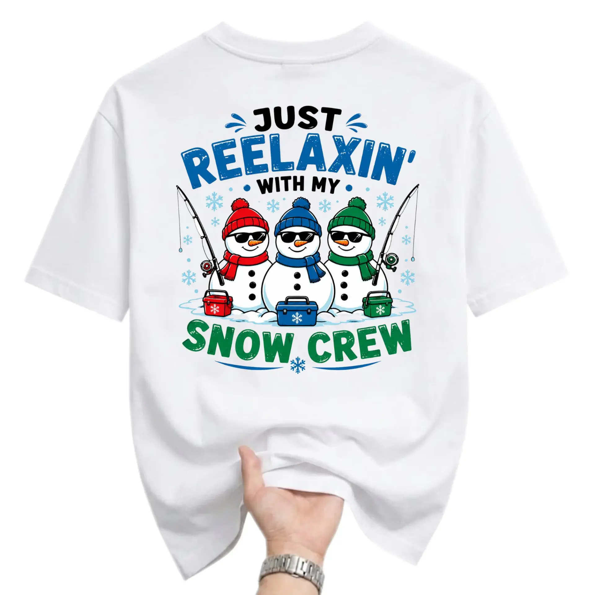 Funny Shirt Just Reelaxin with My Snow Crew Fishing Snowmen Graphic Tee