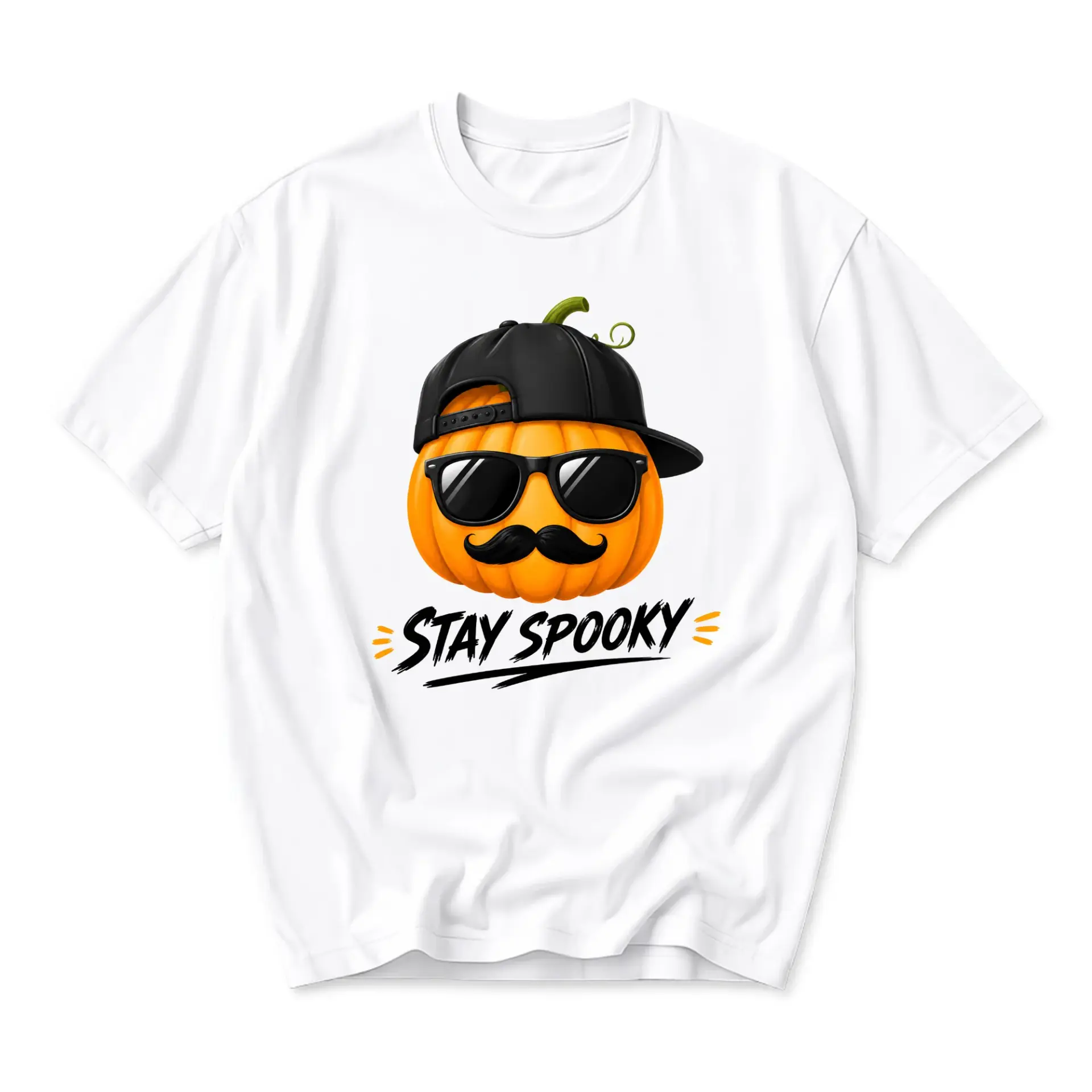 Funny Shirt Stay Spooky Pumpkin Graphic Tee with Sunglasses and Cap Unisex Casual Crew Neck Apparel for Autumn Holidays