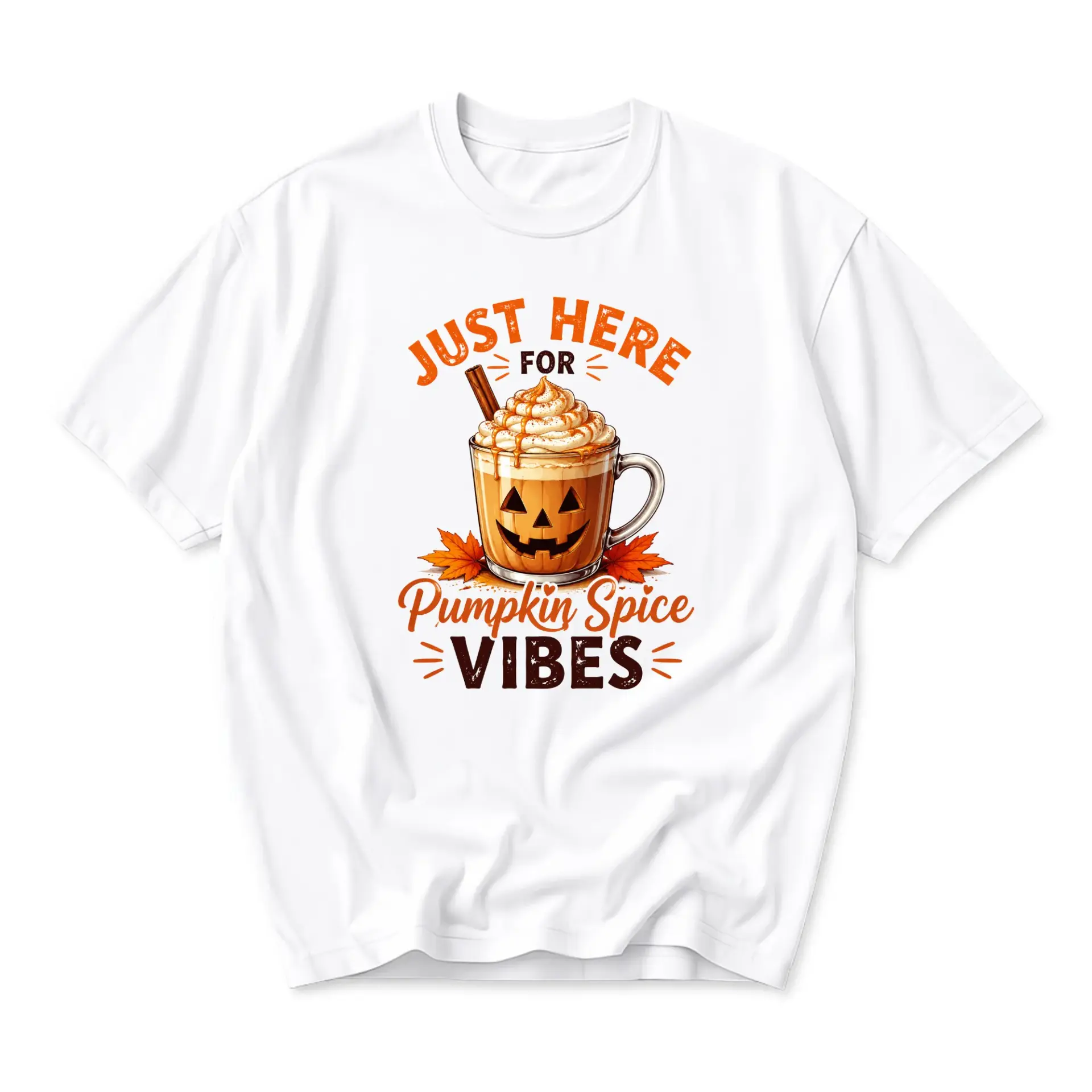 Graphic Tee Just Here for Pumpkin Spice Vibes Fall Season Unisex Crew Neck T-Shirt for Casual Everyday Autumn Wear