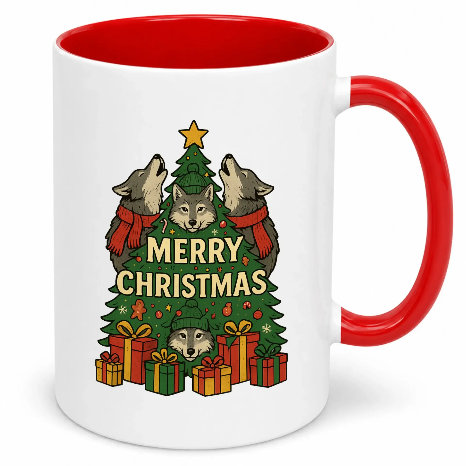 Ceramic Coffee Mug, Festive Wolf Pack Christmas Tree Design, Merry Christmas Howling Wolves Holiday Drinkware, Winter Season Gift Idea, 11oz or 15oz Capacity