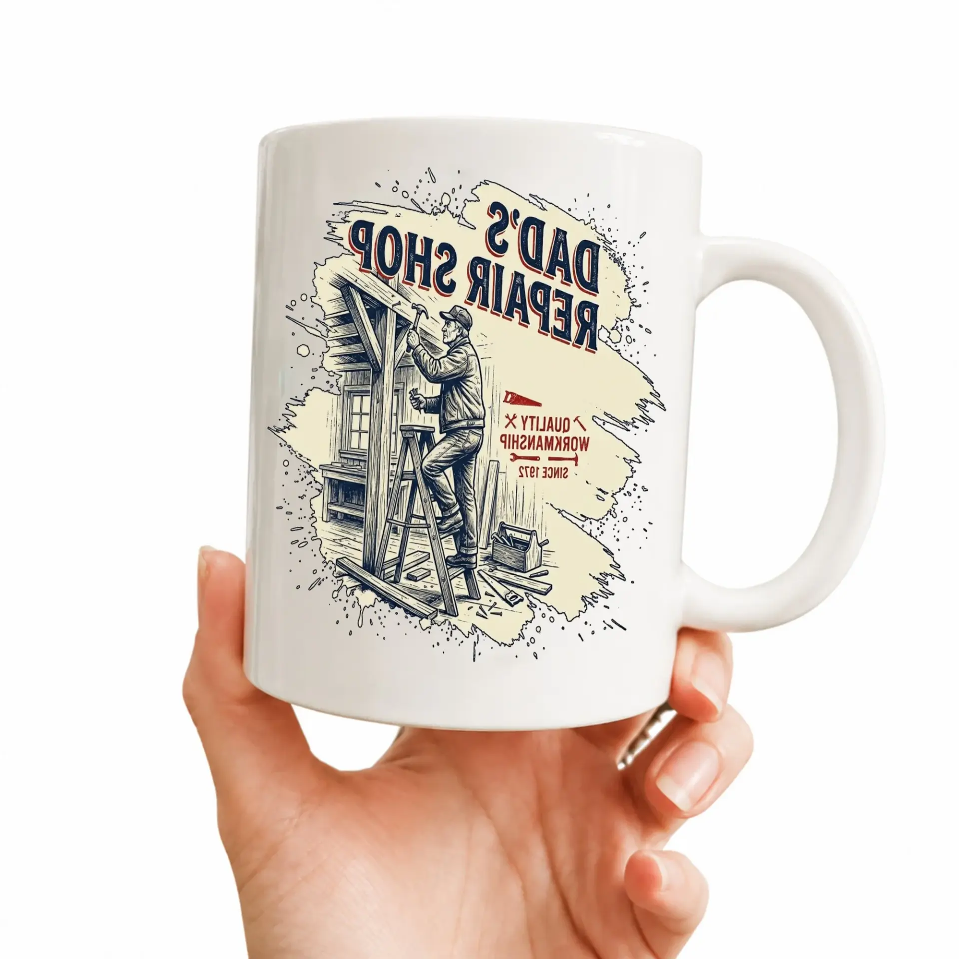 Funny Repair Shop Coffee Mug Personalized Dad Gift Ceramic Cup with Blue Accent Handle for Home and Office Beverage Use