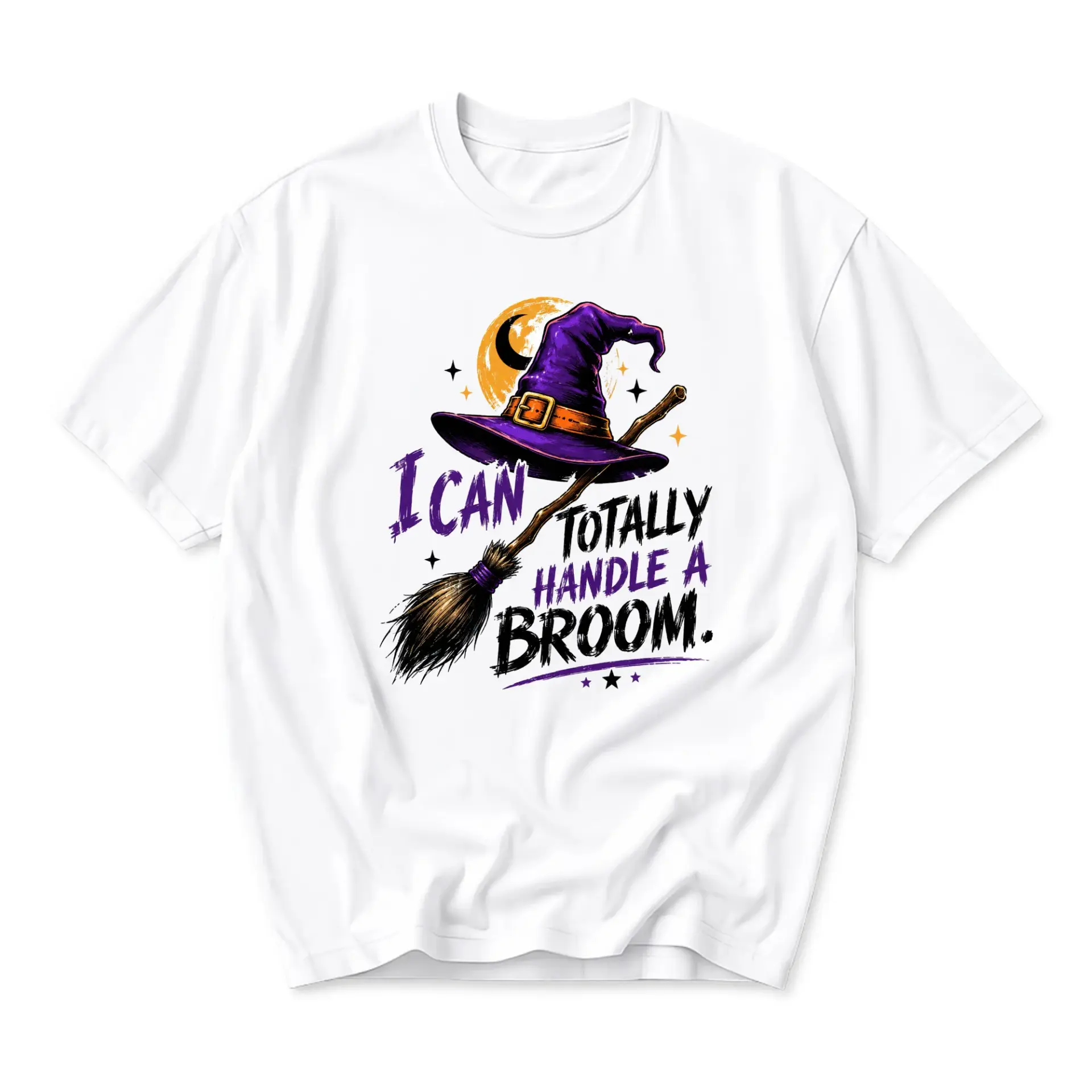 Funny Shirt I Can Totally Handle a Broom Witchy Graphic Tee Casual Short Sleeve Crew Neck Unisex Cotton Blend Top