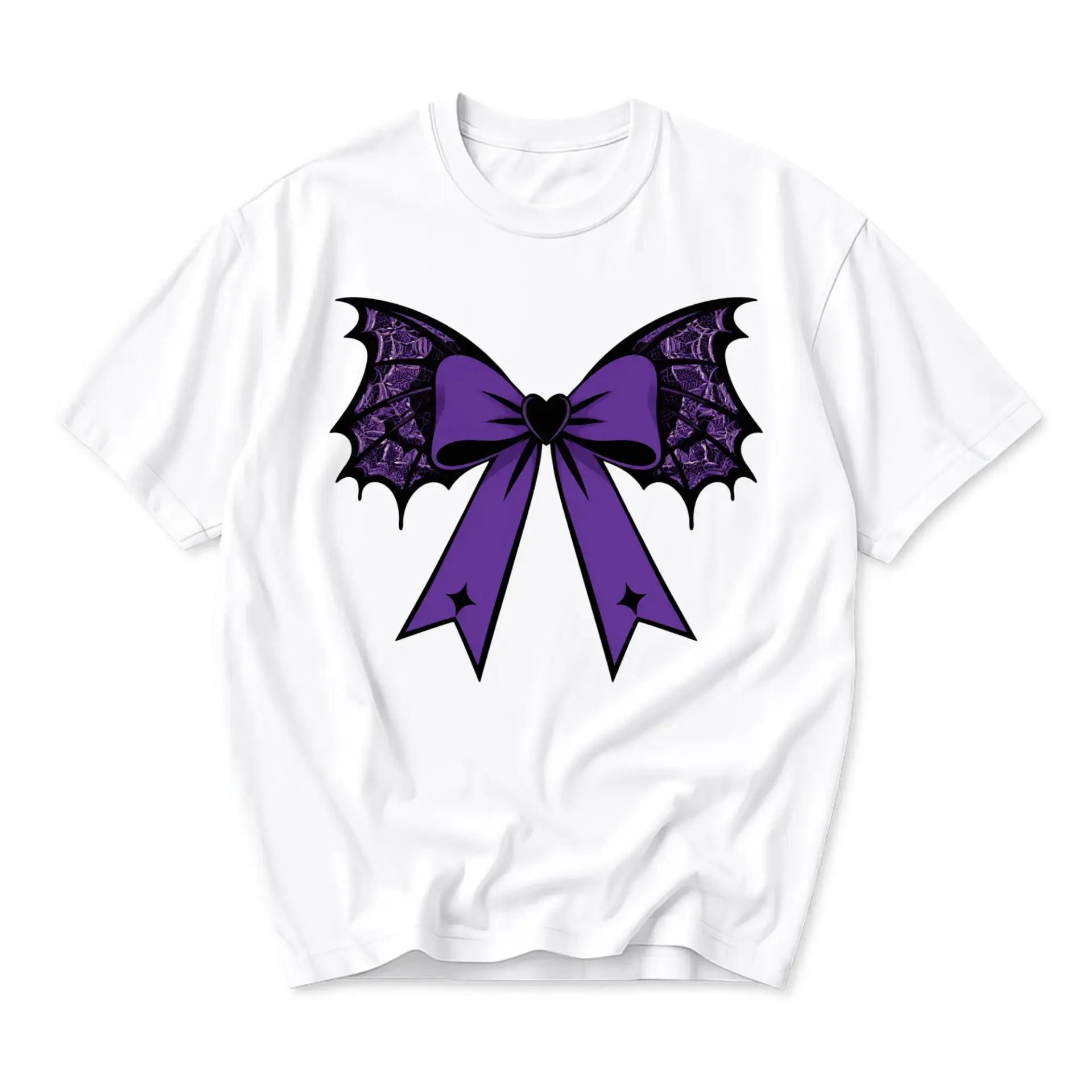 Graphic Tee Unisex Crew Neck T-Shirt Featuring a Dark Aesthetic Purple Bow with Bat Wing Accents for Casual Wear