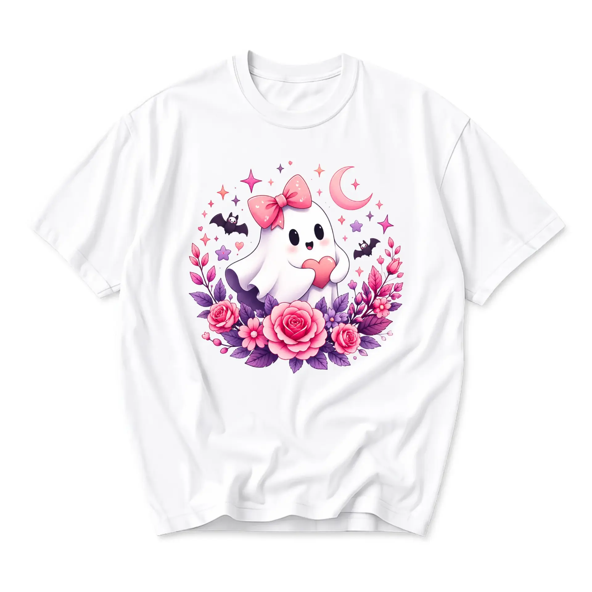 Graphic Tee Cute Ghost Holding Heart with Pink Bow and Floral Roses Design Unisex Casual Short Sleeve Crew Neck Top
