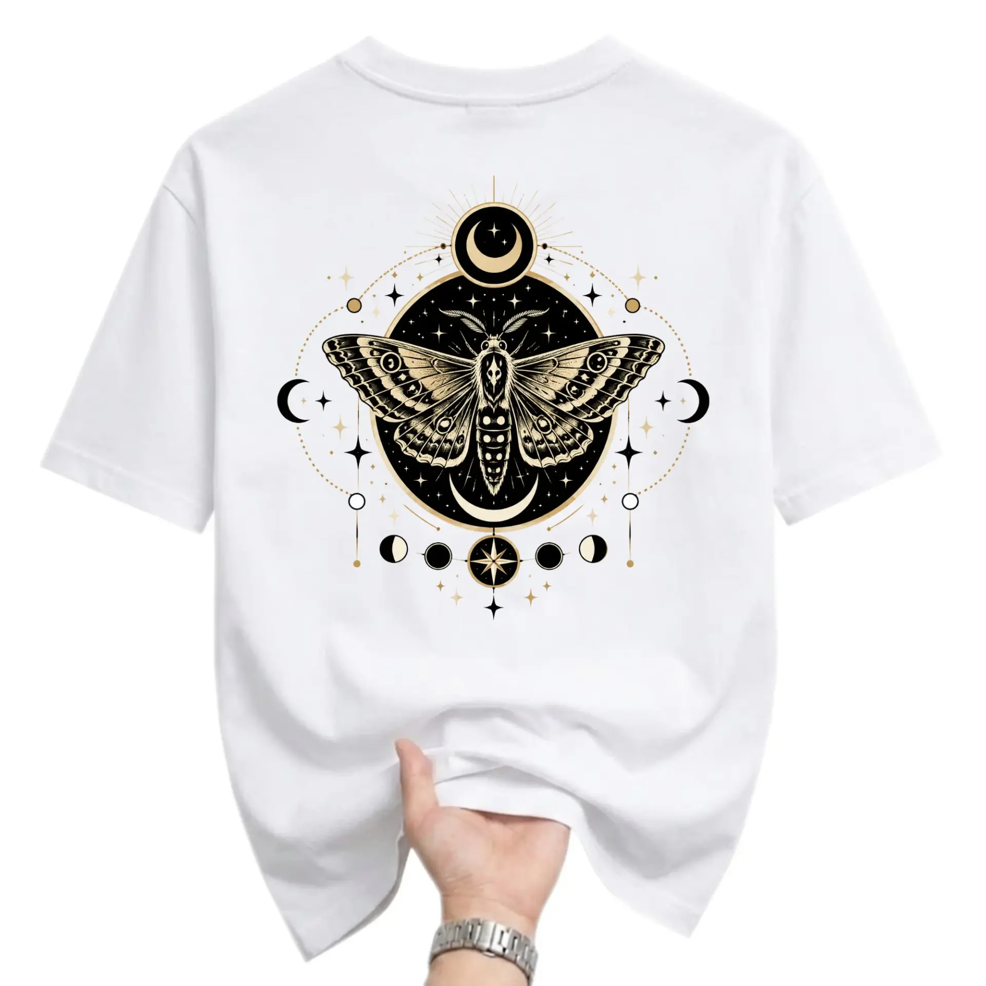 T-shirt Celestial Moth Graphic Tee Occult Mystic Moon Star Print White Unisex Cotton Crew Neck Short Sleeve Top