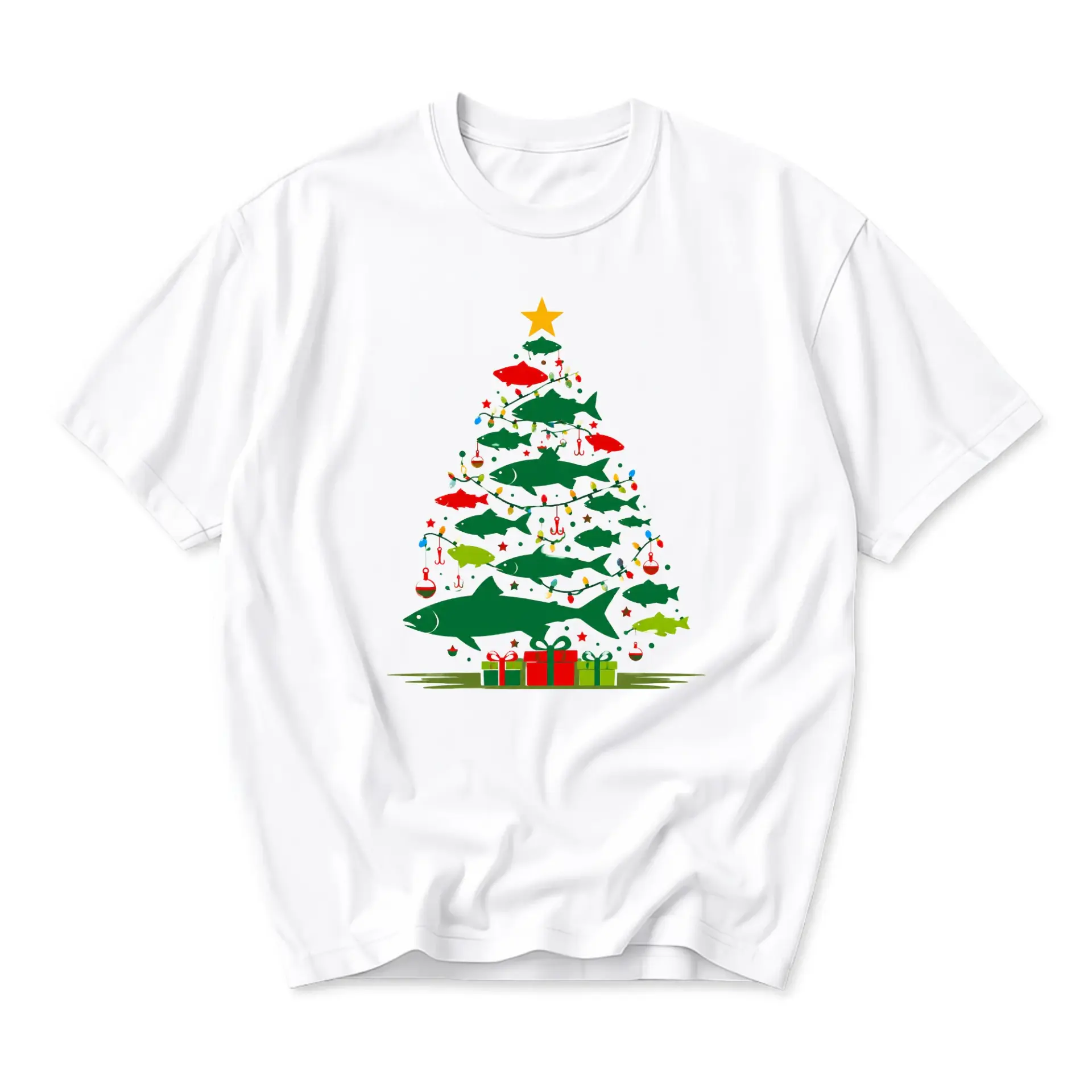 Graphic Tee Unisex Christmas Tree Fishing Theme Holiday Apparel Seasonal