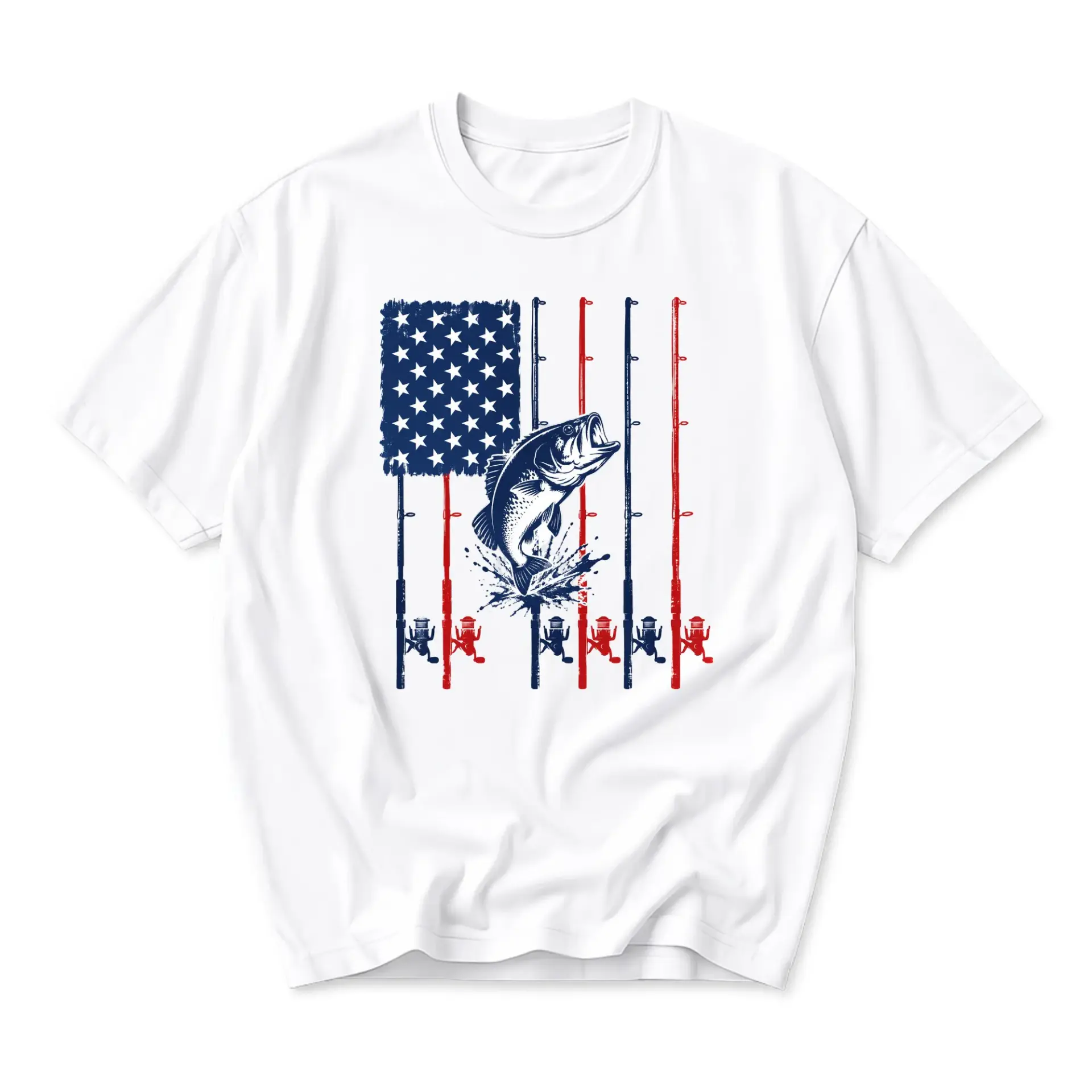 Graphic Tee Unisex Fishing Shirt Featuring Patriotic Pole Flag Design Casual Short Sleeve Cotton Crew Neck