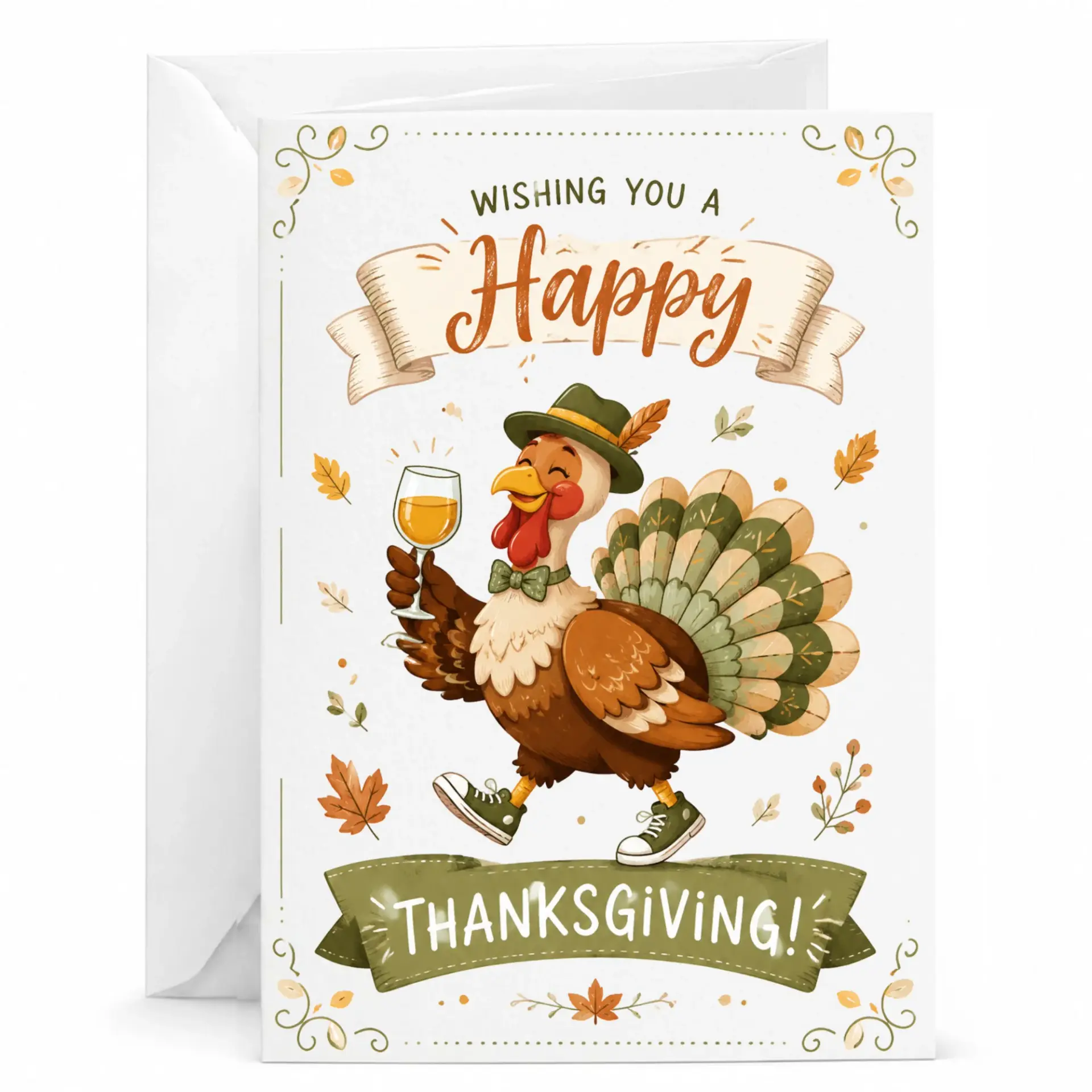Happy Thanksgiving Greeting Card with Turkey Illustration Featuring Festive Autumn Leaves and Wine Toast Design