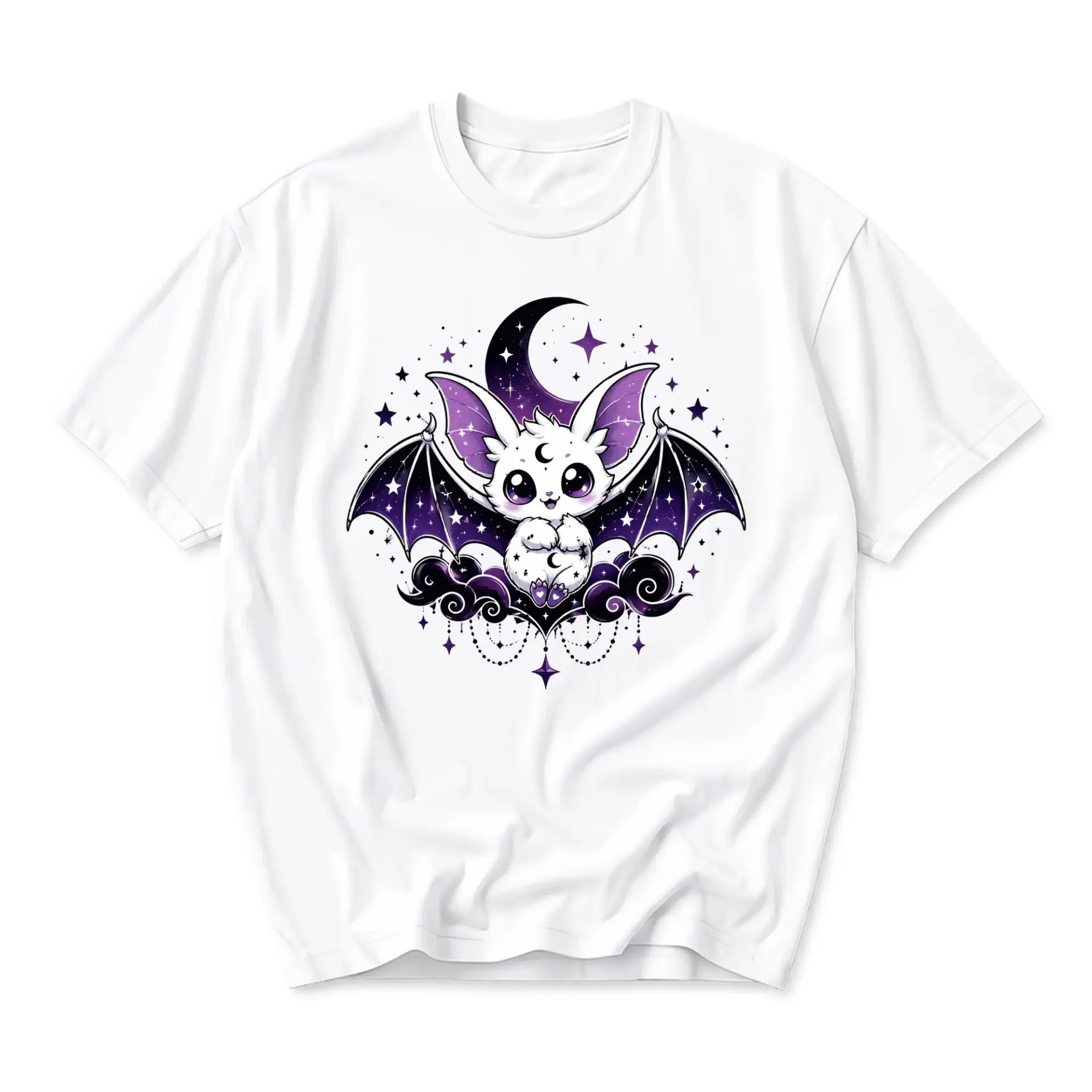 Graphic Tee Unisex Crew Neck T-Shirt Featuring Cute White Bat with Purple Celestial Moon and Star Design Apparel