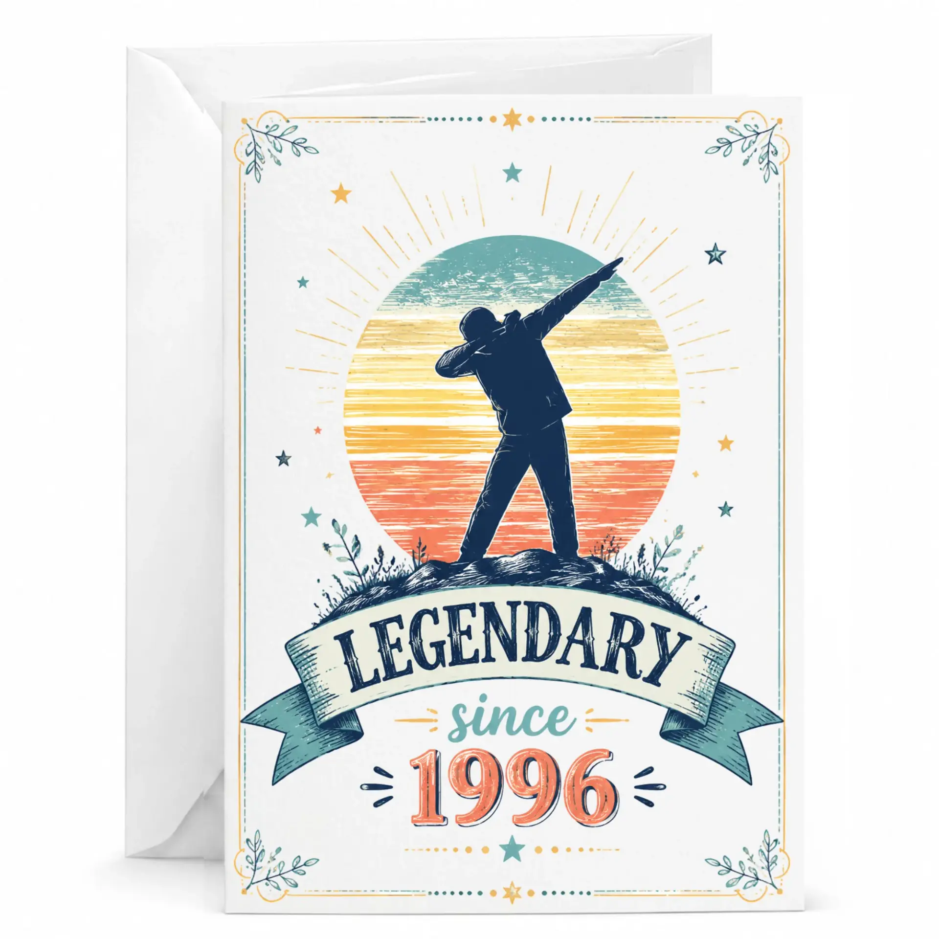 Birthday Card Legendary Since 1996 Retro Sunset Greeting Card for Milestone Celebration with Envelope Included