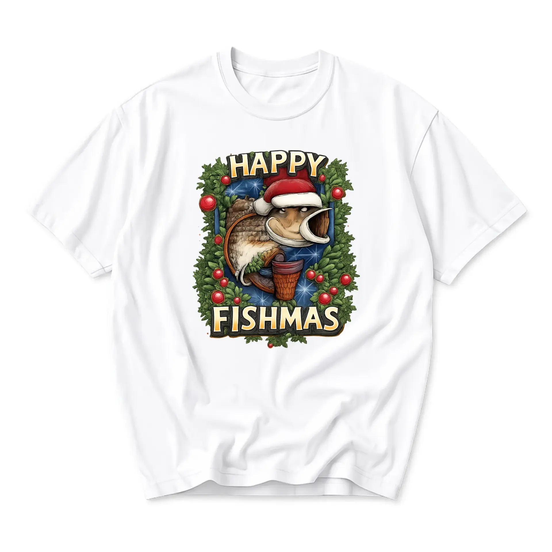 Funny Shirt Happy Fishmas Holiday Graphic Tee Retro Christmas Fishing Themed Unisex Crew Neck Apparel White