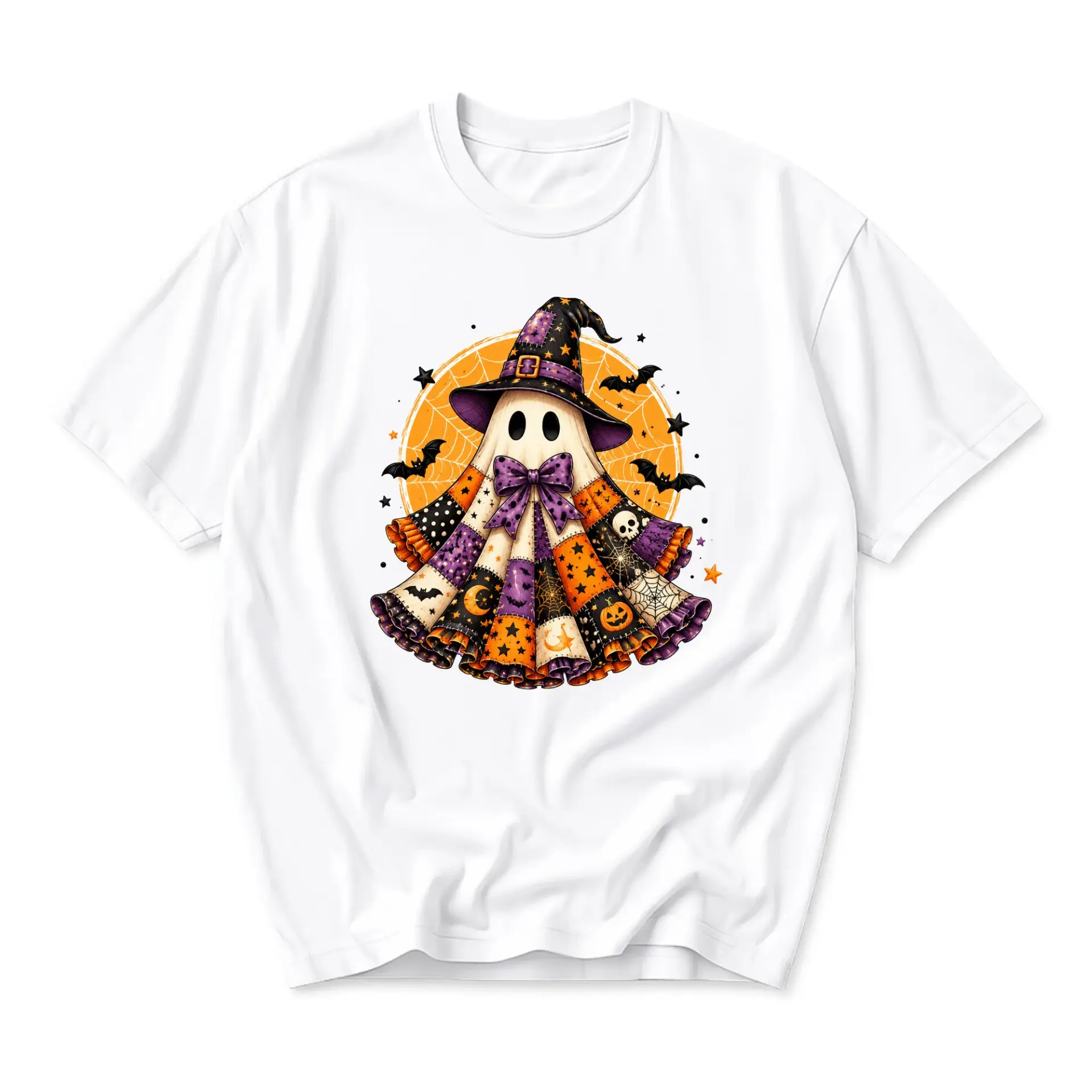 Graphic Tee Unisex Halloween Ghost in Witch Hat with Patchwork Ruffle Design Casual Cotton Blend Crew Neck Shirt