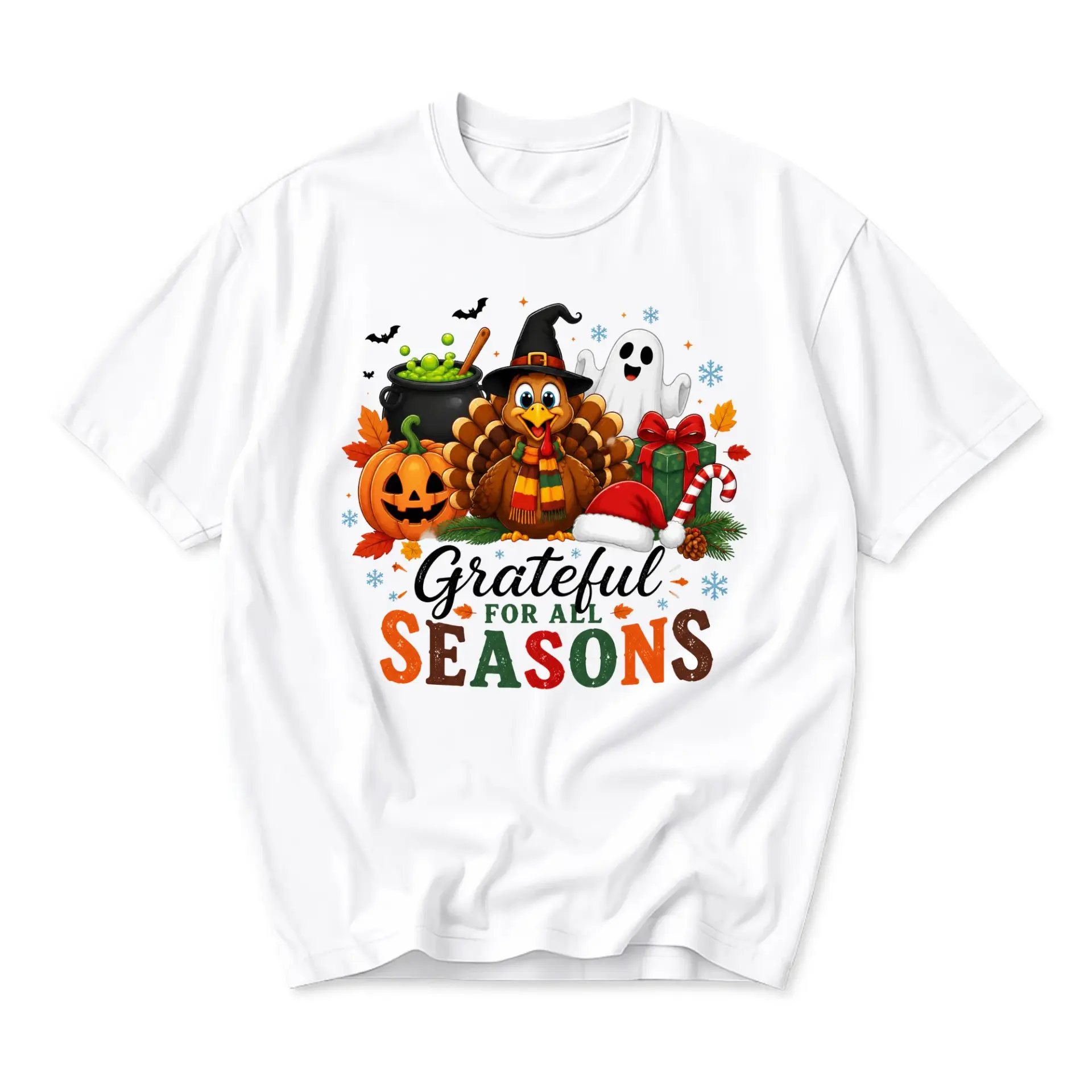 Graphic Tee Grateful for All Seasons Thanksgiving and Holiday Shirt Unisex Crew Neck Short Sleeve Casual Apparel