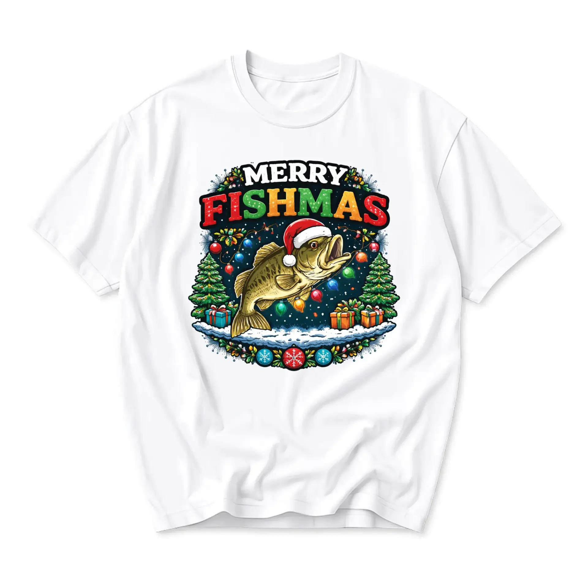 Funny Shirt Merry Fishmas Holiday Graphic Tee Unisex Casual Apparel for Fishing Enthusiasts and Christmas Lovers
