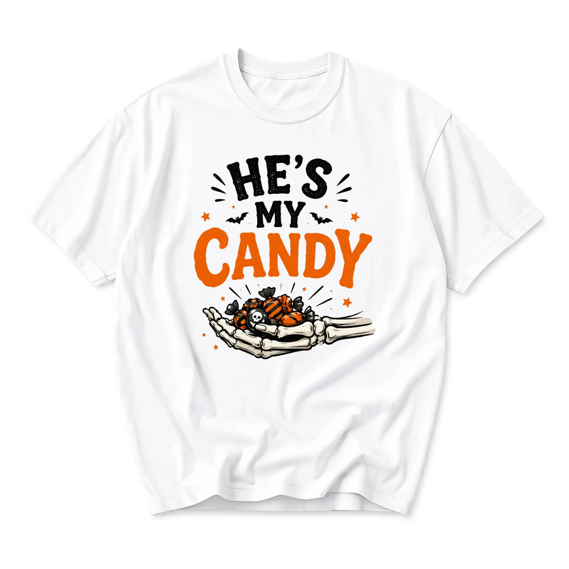 Funny Shirt He Is My Candy Skeleton Hand Halloween Graphic Tee Unisex Casual Crew Neck Soft Cotton Apparel Top