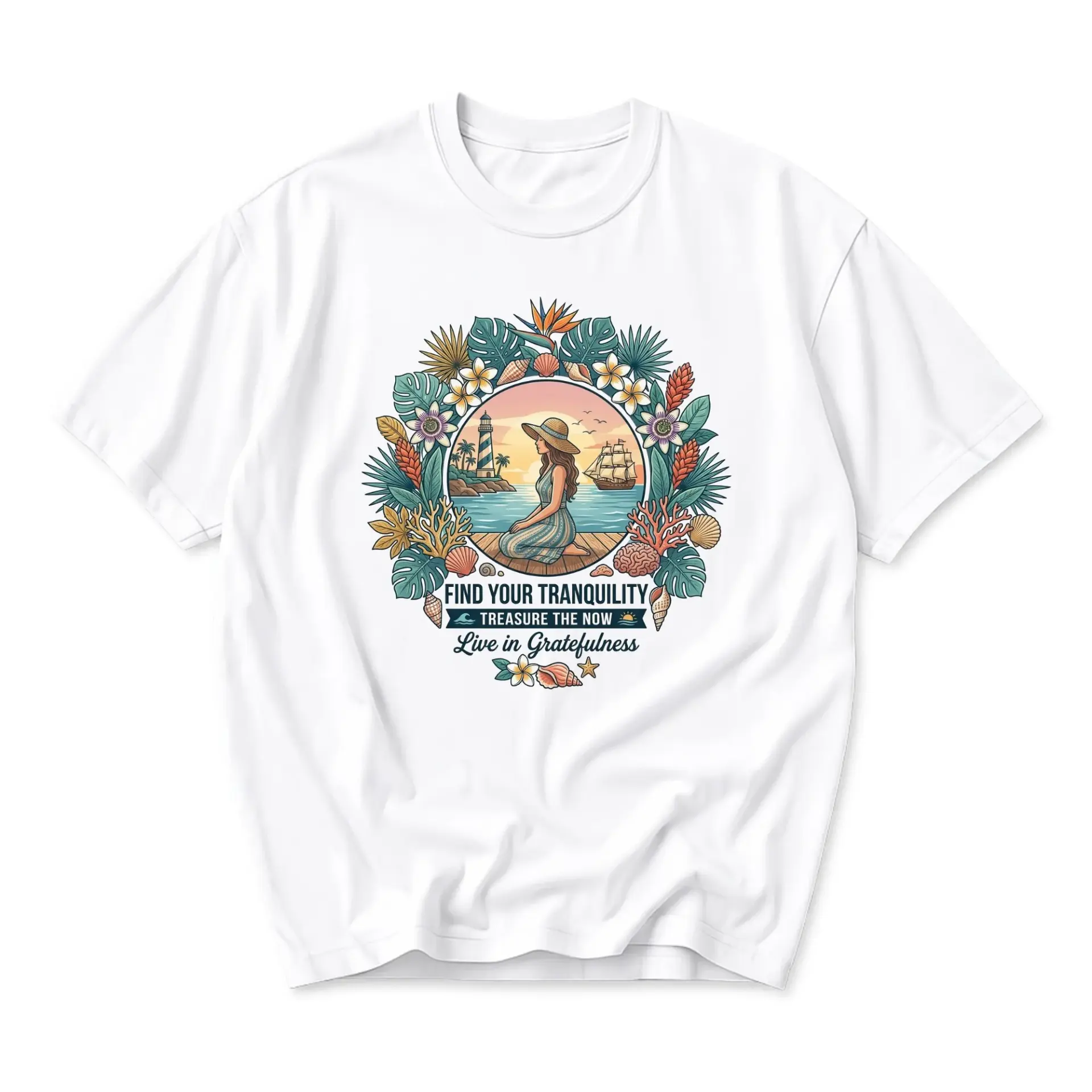 Graphic Tee Find Your Tranquility Tropical Beach Scene Artistic Unisex Crew Neck Casual Everyday Wear Soft Cotton Shirt