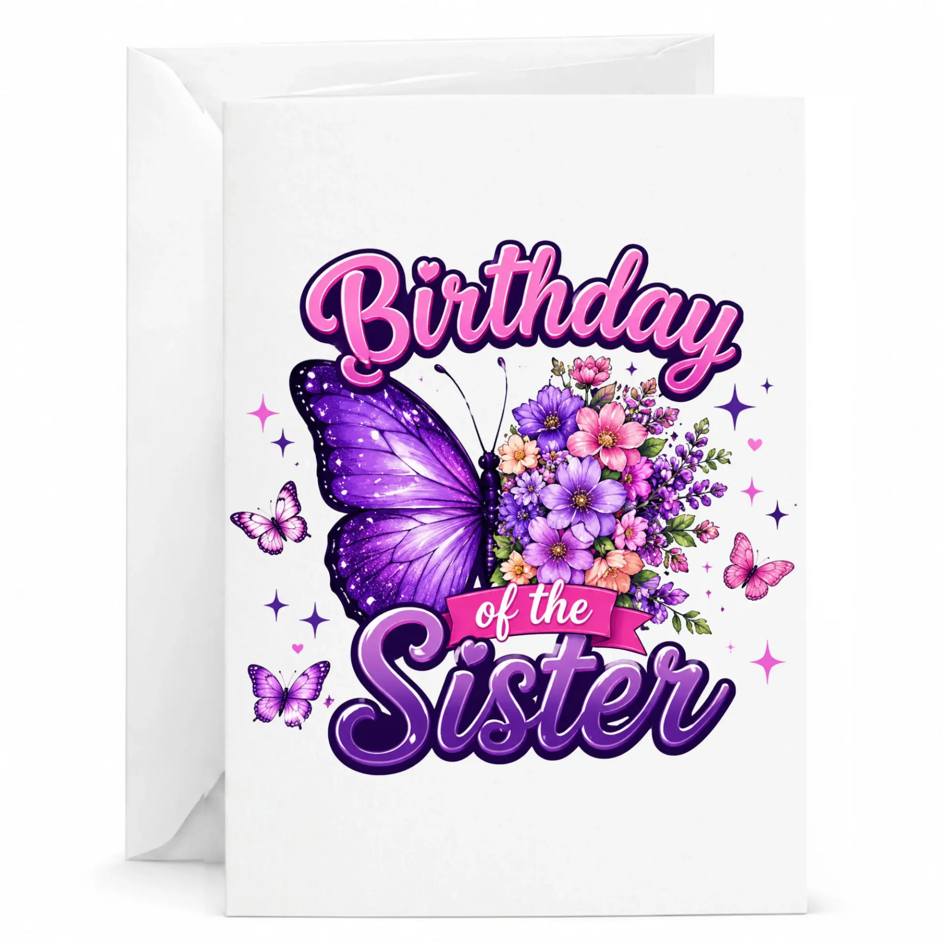Birthday Card for Sister Featuring Beautiful Purple Butterfly and Floral Design Folded Greeting