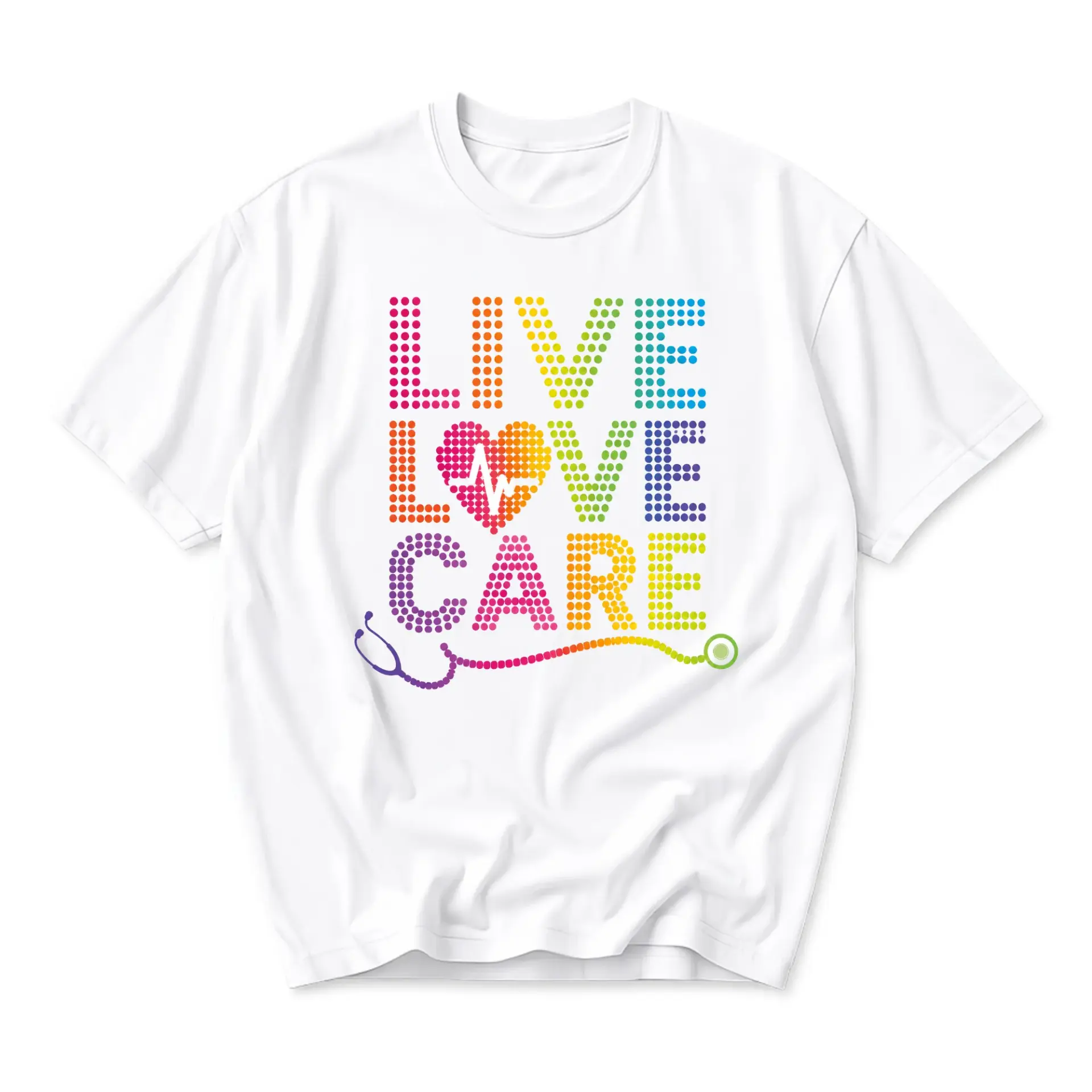 Graphic Tee Unisex Crew Neck T-Shirt Featuring Live Love Care Medical Heart Stethoscope Design for Healthcare Pros
