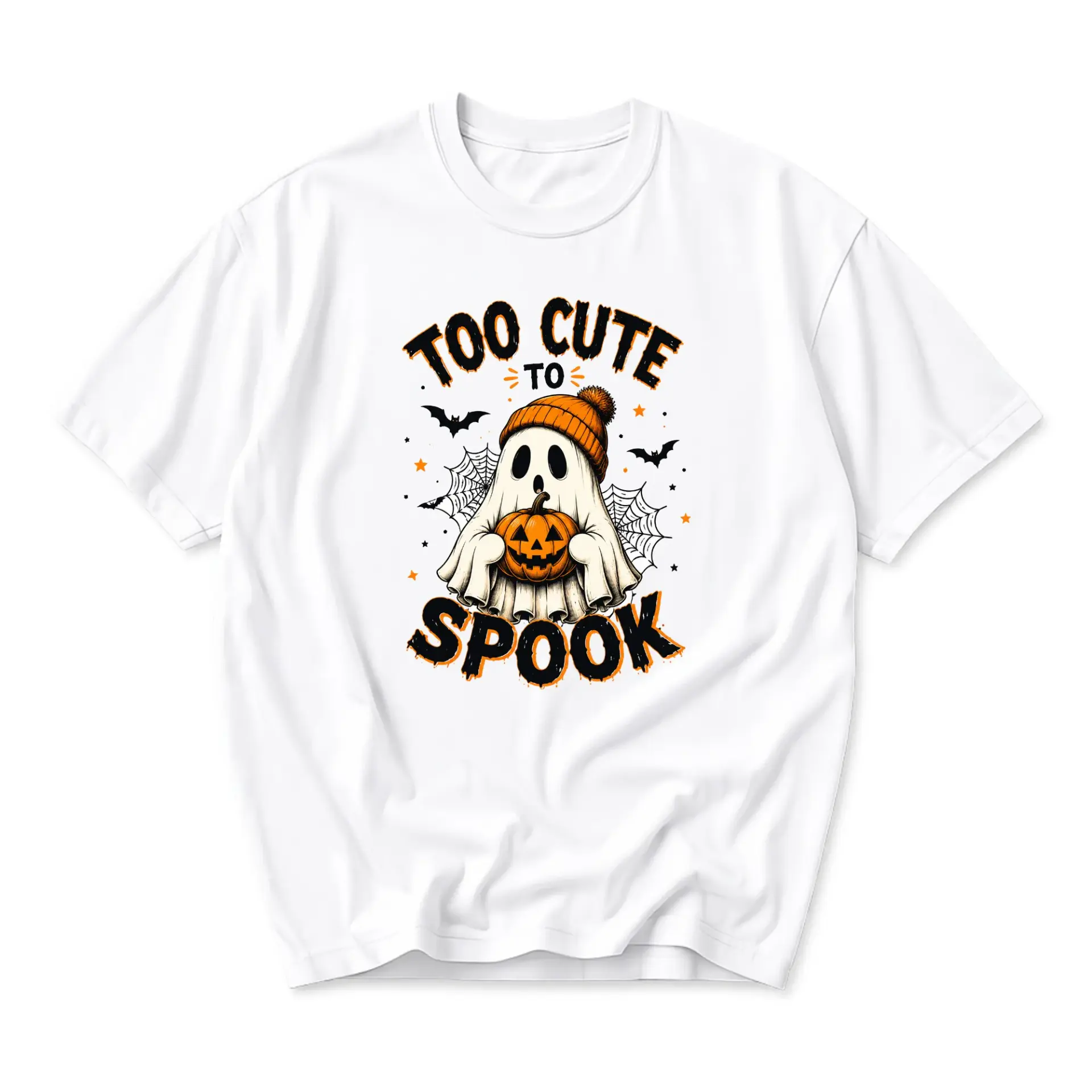 Funny Shirt Too Cute to Spook Halloween Ghost Pumpkin Graphic Tee Unisex Crew Neck Casual Cotton Blend Top