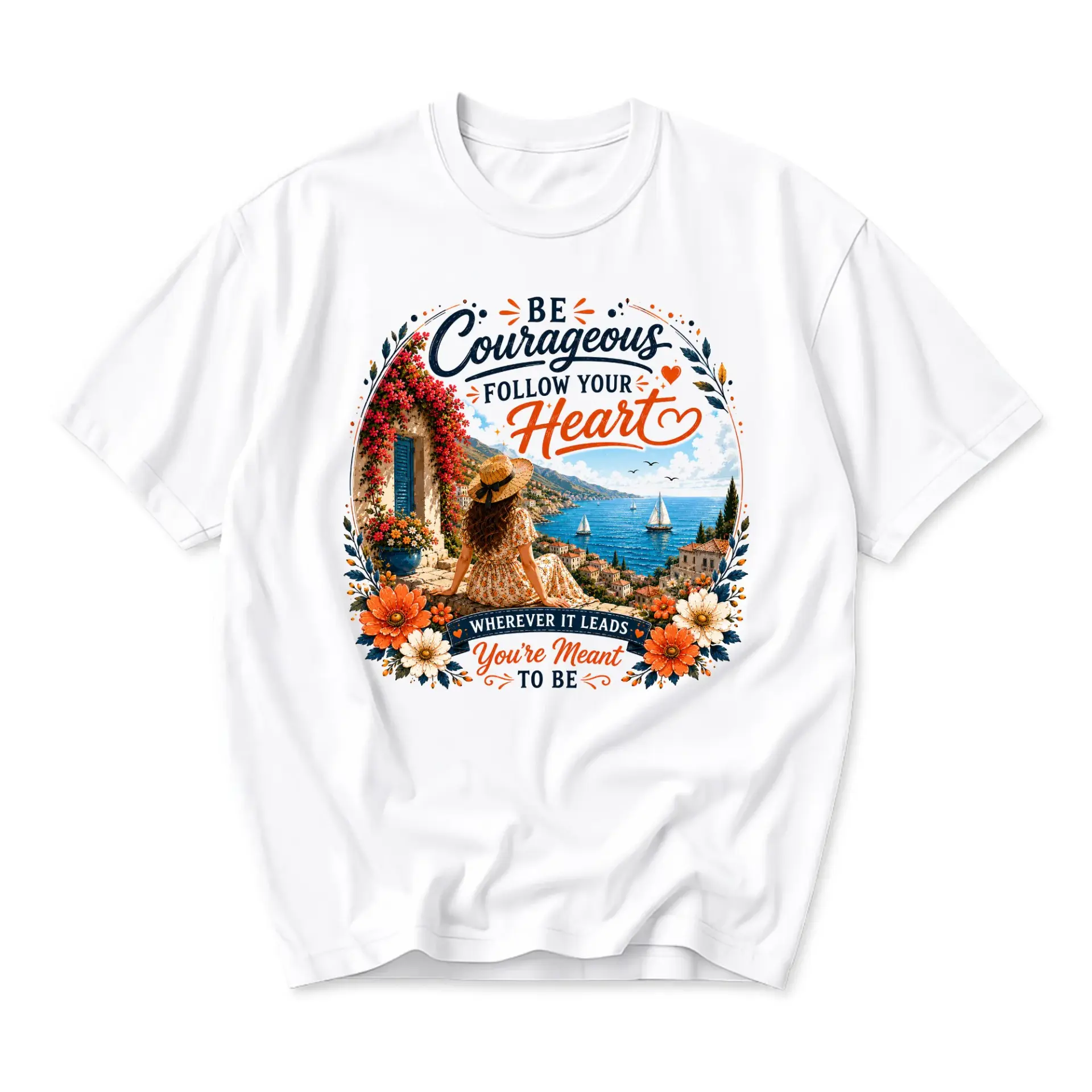 Graphic Tee Be Courageous Follow Your Heart Artistic Scenic Mediterranean Landscape Print Unisex Crew Neck Shirt