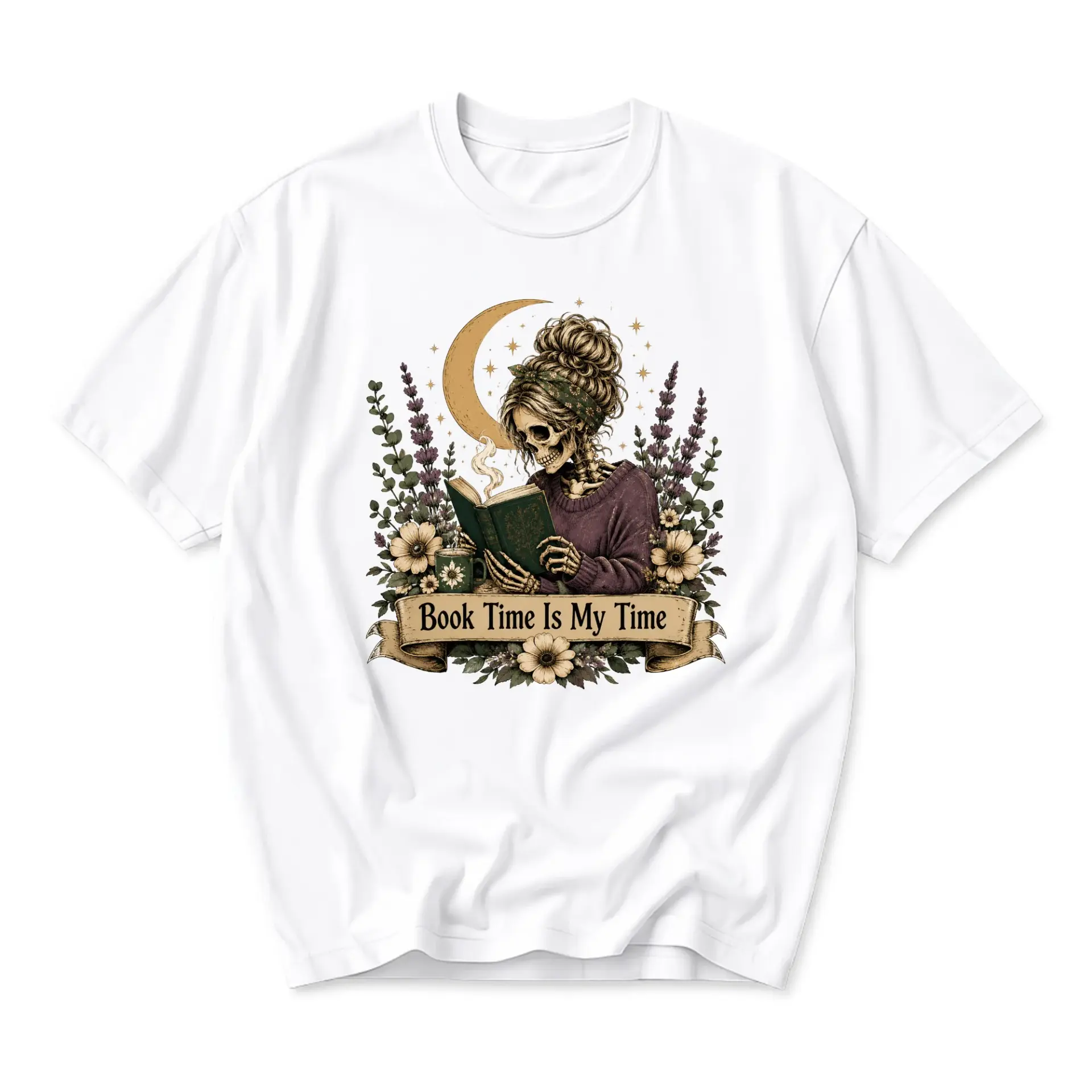Graphic Tee Book Time Is My Time Unisex Shirt Aesthetic Skeleton Reader Illustration Casual Short Sleeve Crewneck Top