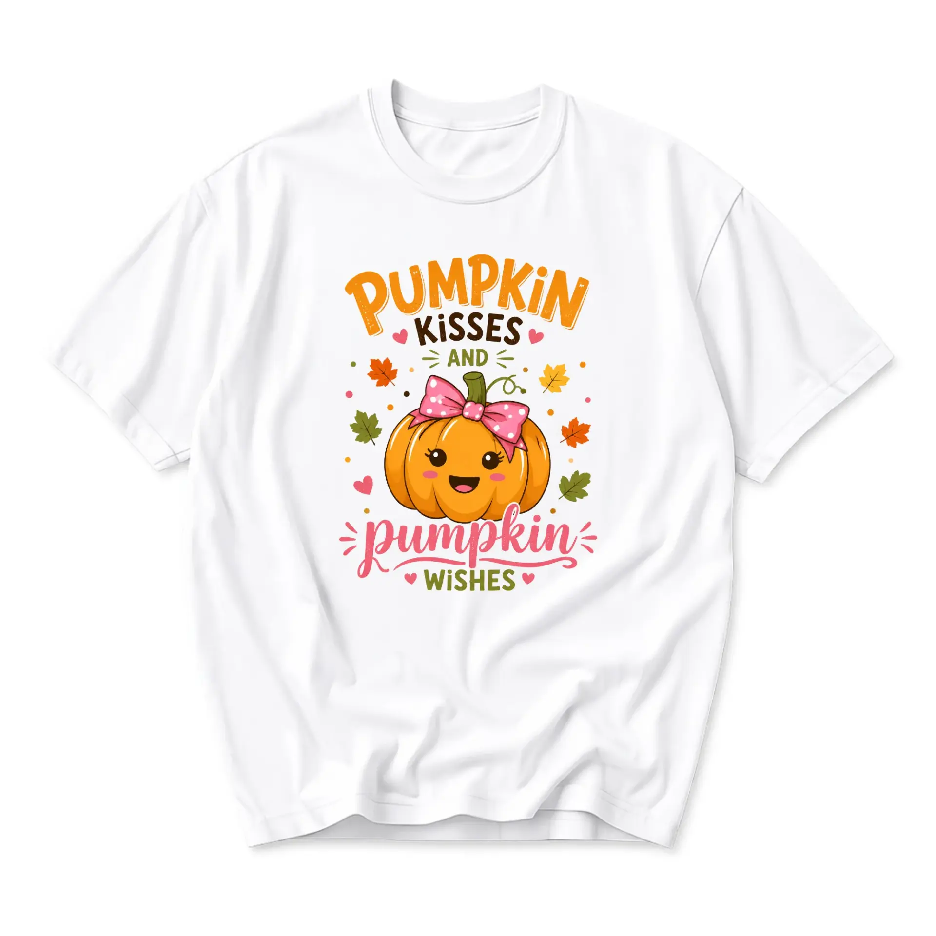Funny Shirt Pumpkin Kisses and Pumpkin Wishes Autumn Graphic Tee Seasonal Fall Theme Unisex Crew Neck Casual Cotton Top