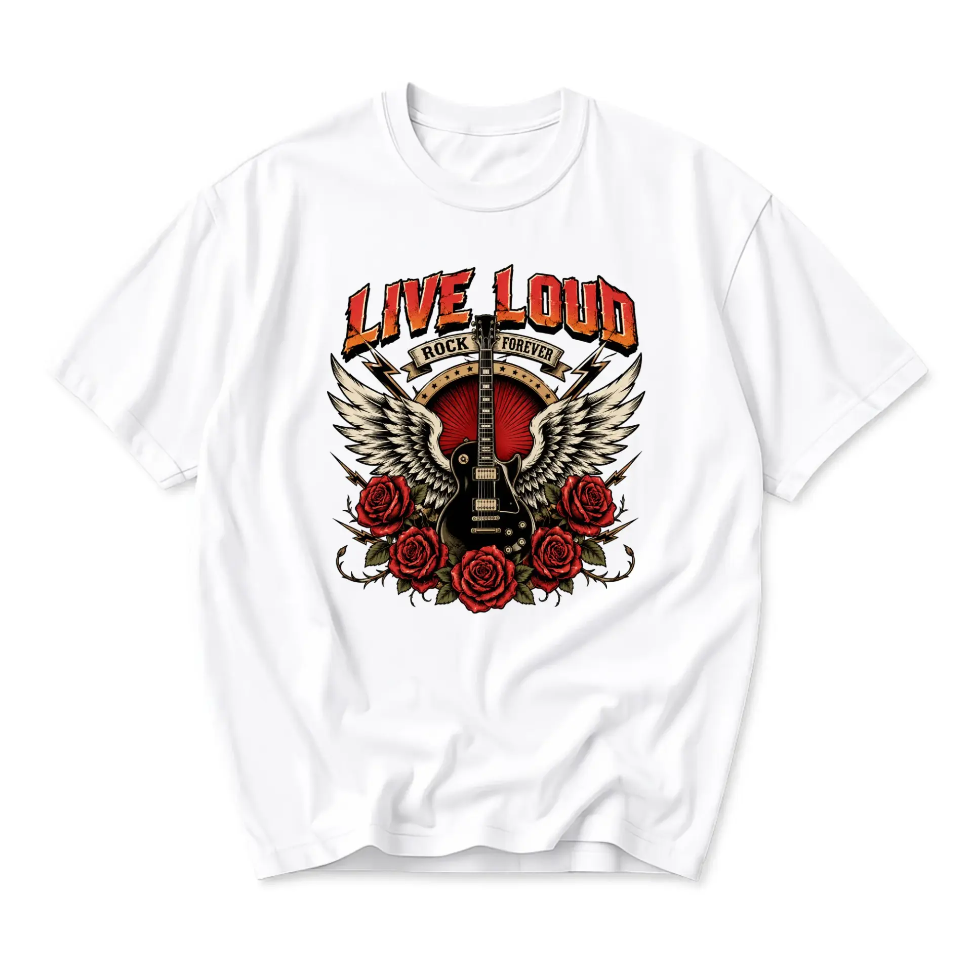 Graphic Tee Live Loud Rock Forever Electric Guitar and Red Roses Illustration Unisex Crew Neck Cotton T-Shirt