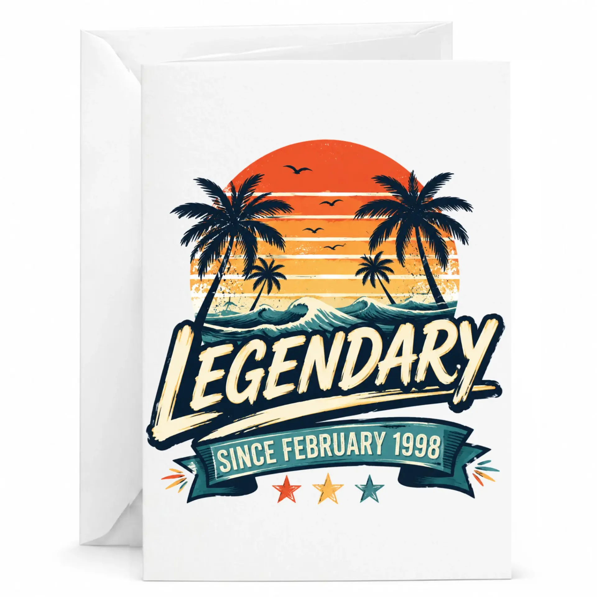 Legendary Since February 1998 Greeting Card Retro Vintage Beach Sunset Birthday Gift for Milestone Anniversary Celebration