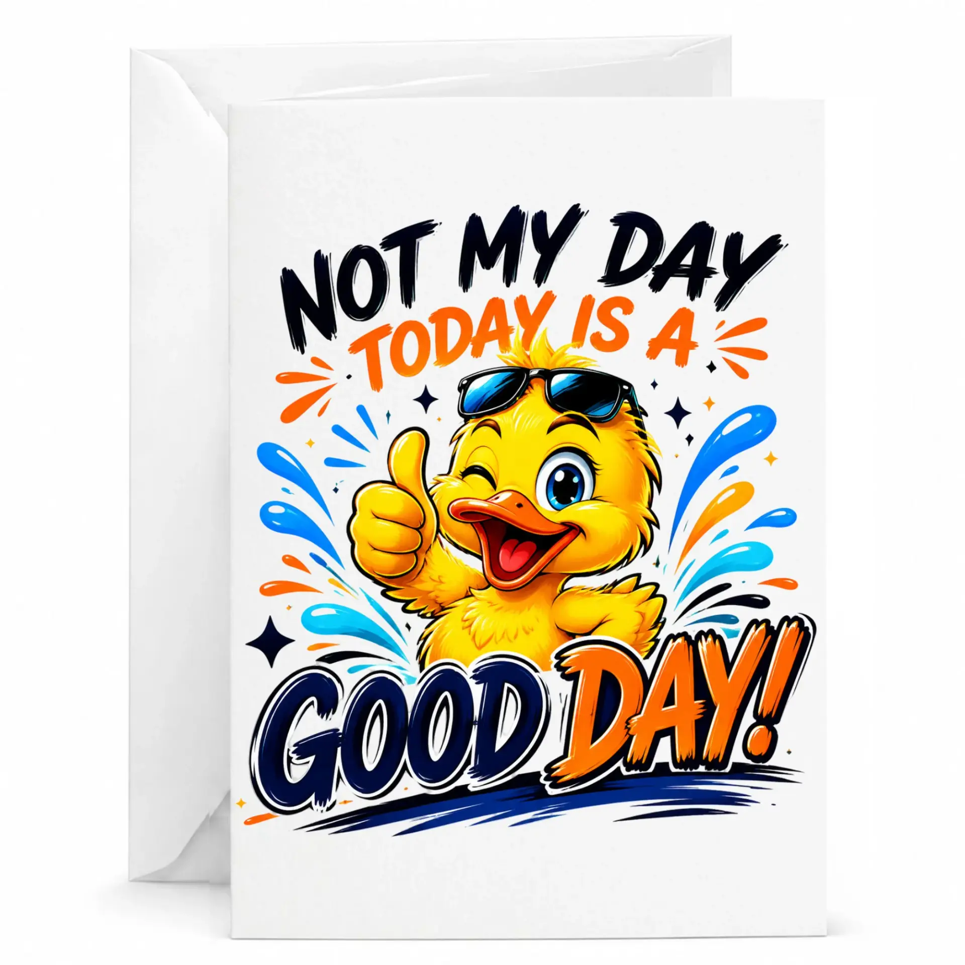 Funny Duck Greeting Card Cheerful Yellow Bird with Sunglasses Design Humorous Positive Note for Friends