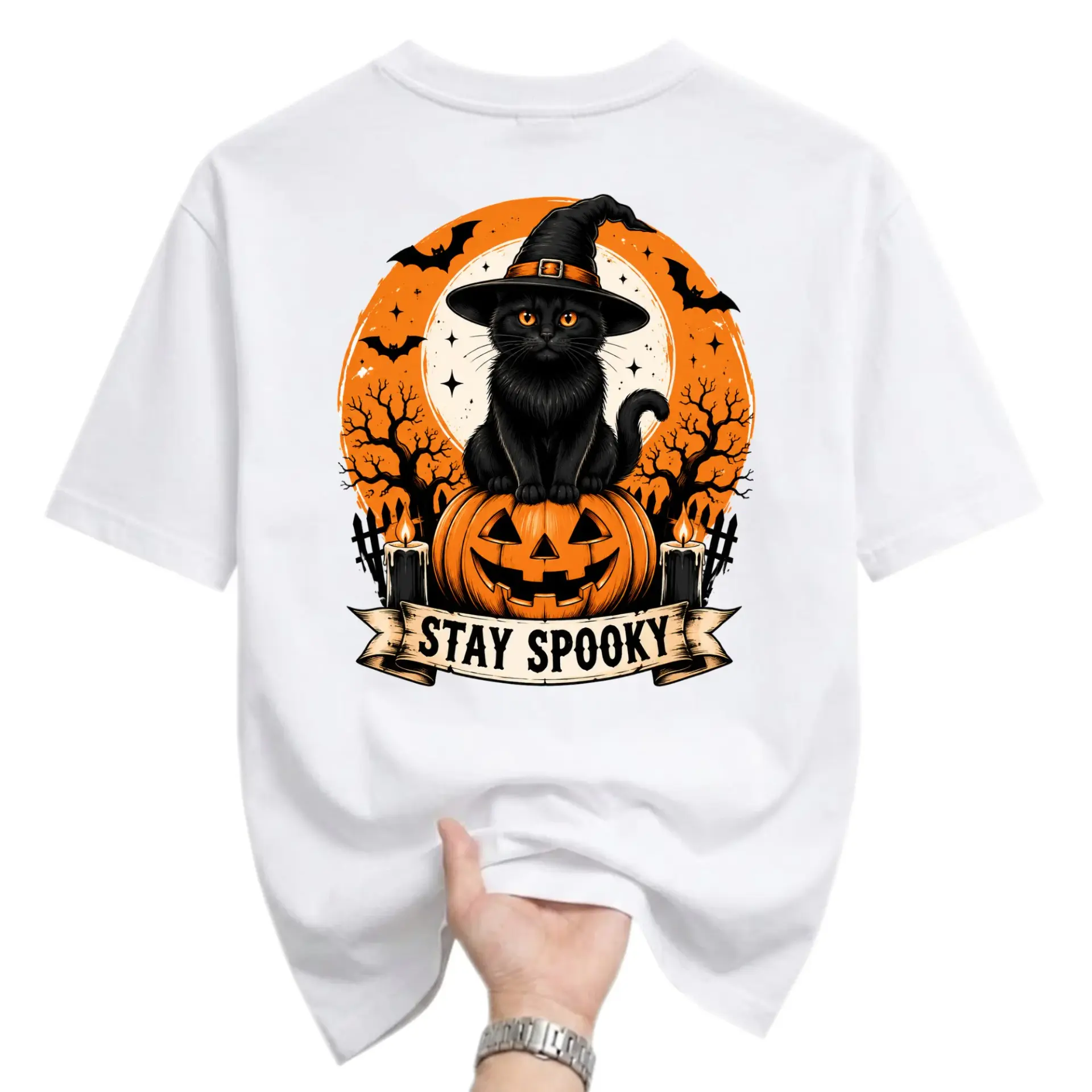 Funny Shirt Stay Spooky Halloween Black Cat Graphic Tee Unisex Crew Neck Casual Wear Soft Cotton Blend Holiday Top