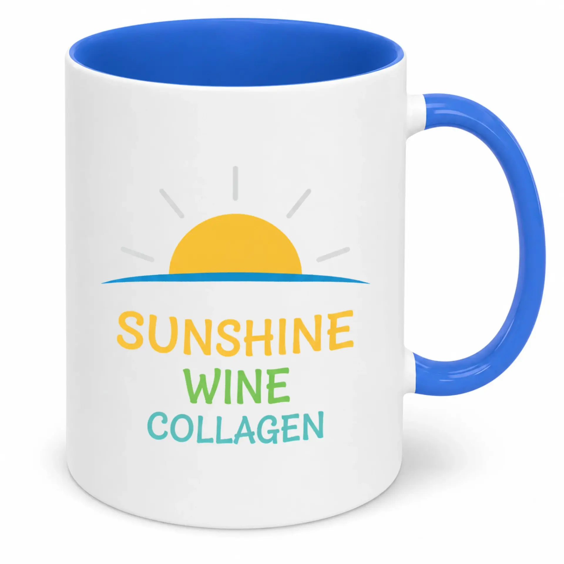 Funny Sunshine Wine Collagen Ceramic Coffee Mug with Blue Handle, Unique Drinkware for Home Office Kitchen, Perfect Gift for Women