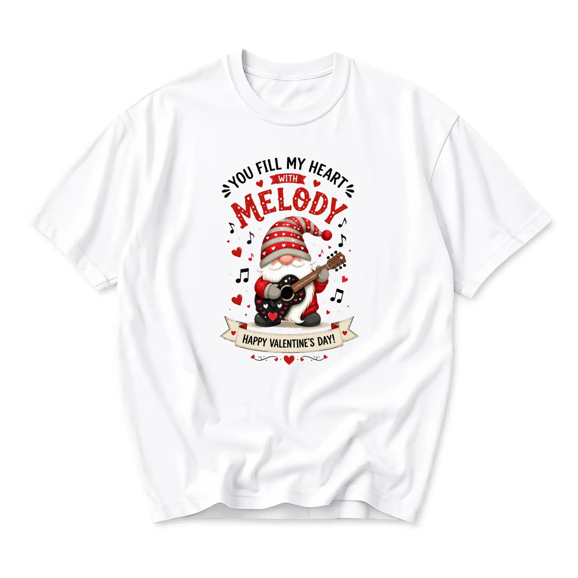 Funny Shirt Valentine's Day Gnome Playing Guitar Graphic Printed Unisex Casual Crew Neck Soft Cotton T-Shirt