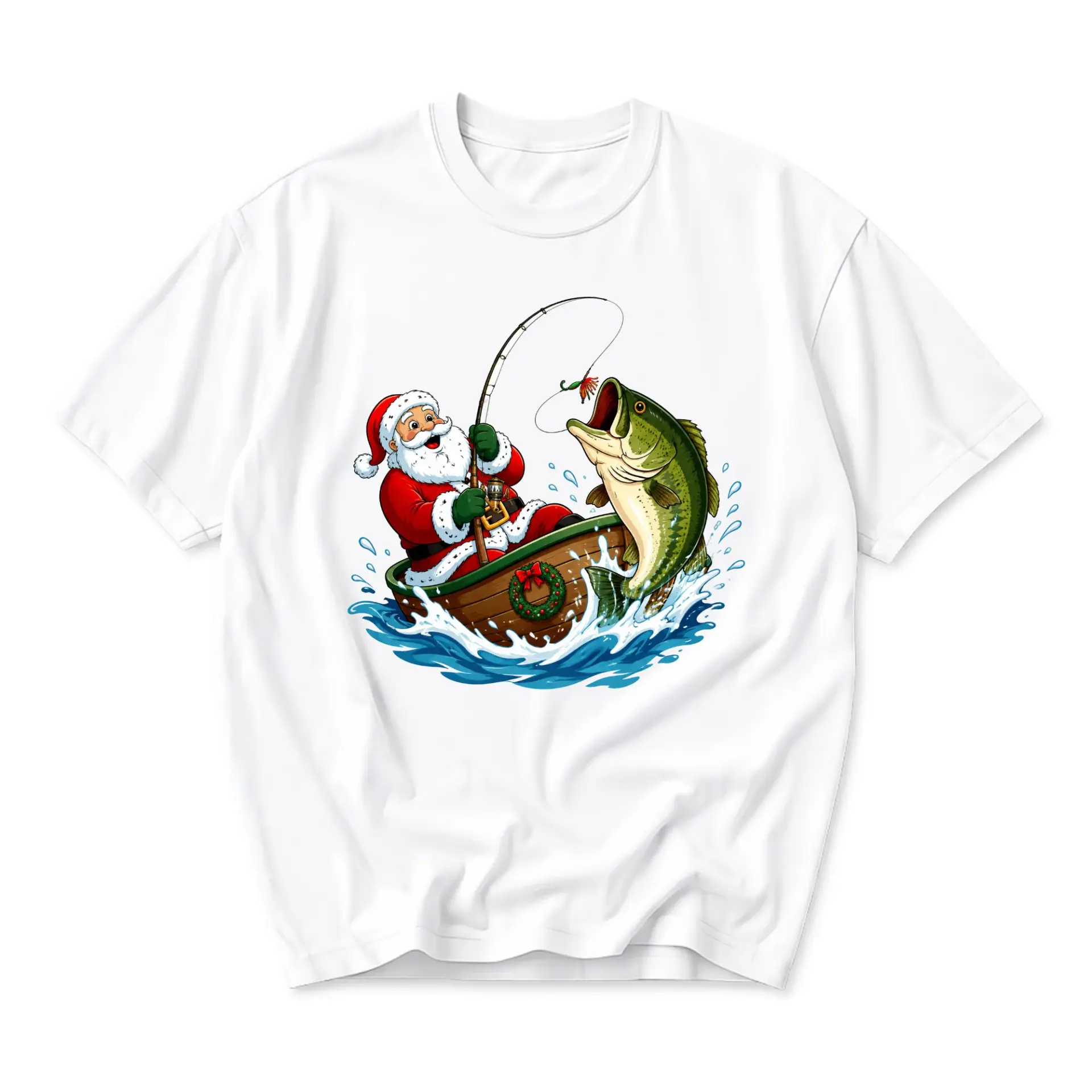 Graphic Tee Unisex Crew Neck T-Shirt Featuring Santa Claus Fishing in a