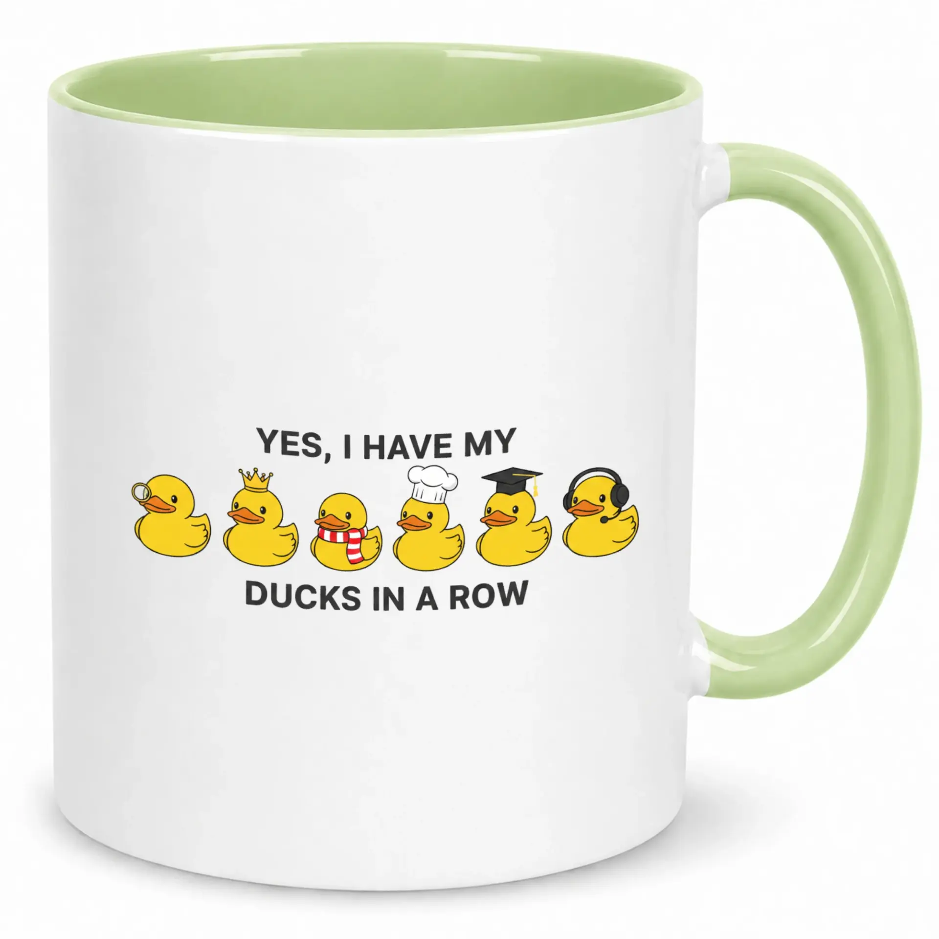 Funny Ceramic Coffee Mug with Cute Rubber Ducks in a Row Design Humorous Novelty Drinkware for Organized Individuals Witty Office Gift