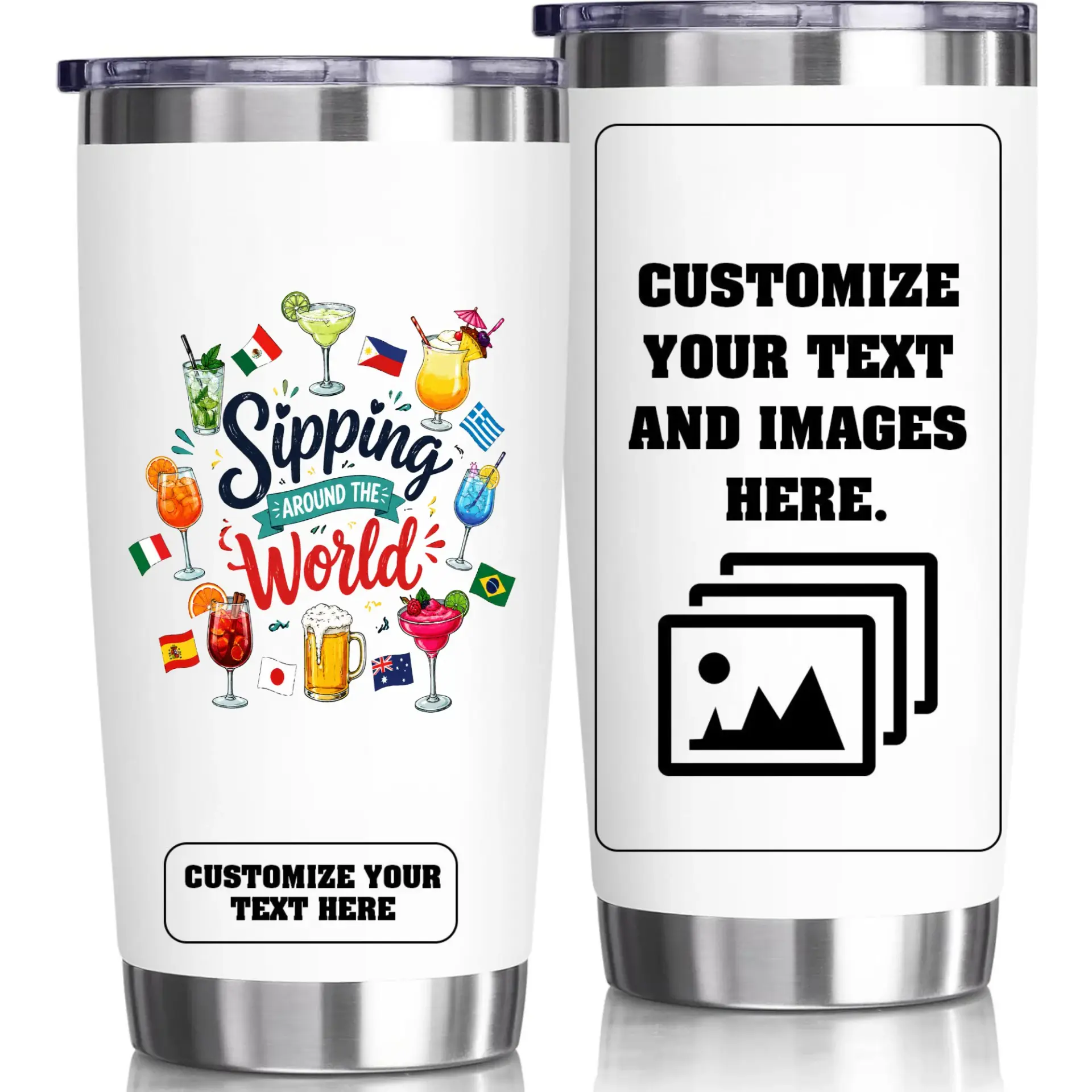 Stainless Steel Tumbler Sipping Around the World Design 20oz Vacuum Insulated Travel Cup for Hot and Cold Beverages