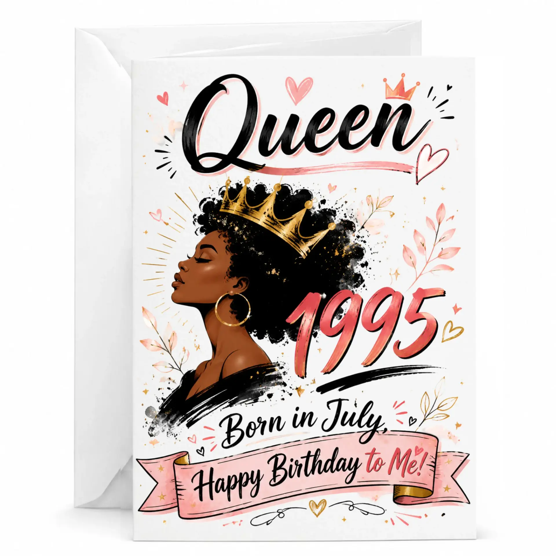 Birthday Card Queen Born in July 1995 Elegant Illustration Greeting Card for Her with Matching White Envelope