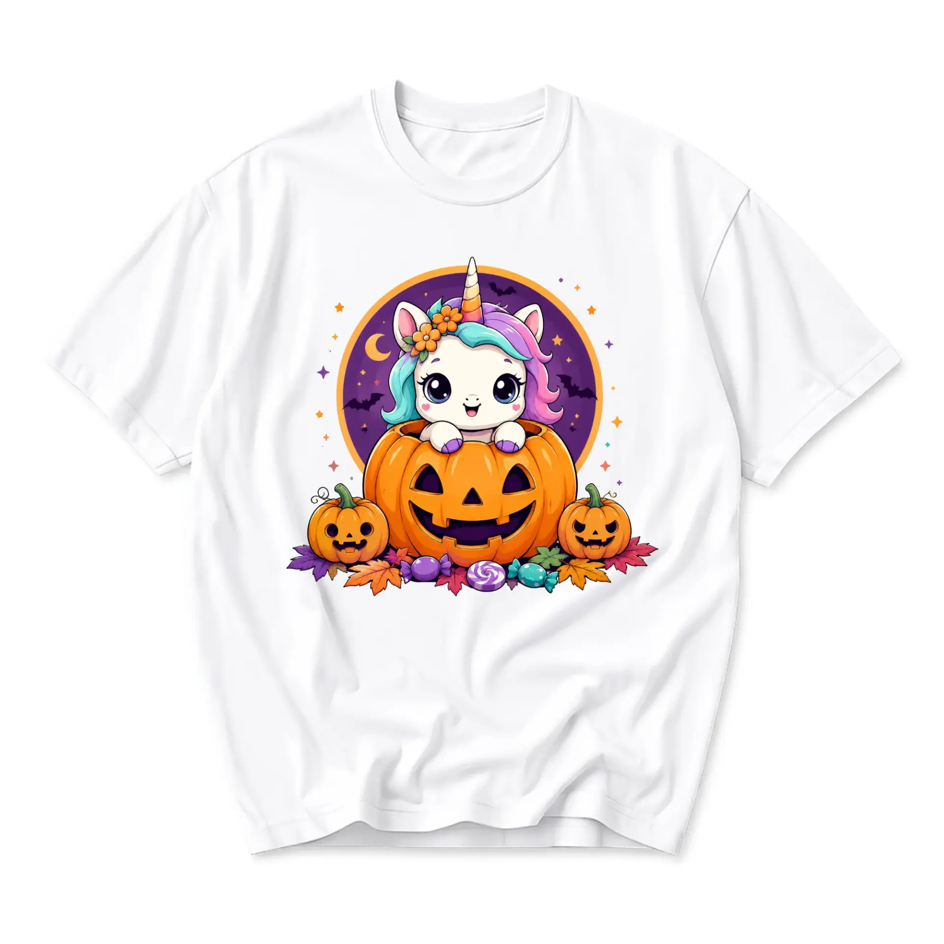 Graphic Tee Unisex Crew Neck T-Shirt Cute Unicorn in a Pumpkin Halloween Illustration Printed Casual Apparel Top
