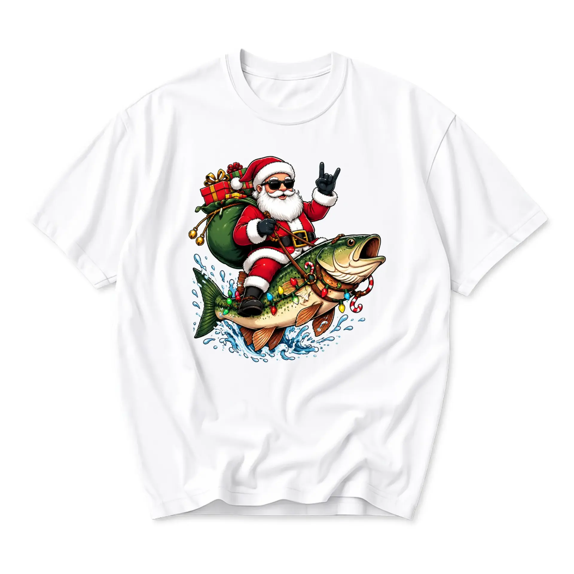 Graphic Tee Funny Santa Claus Riding a Fish Unisex Crew Neck T-Shirt Casual