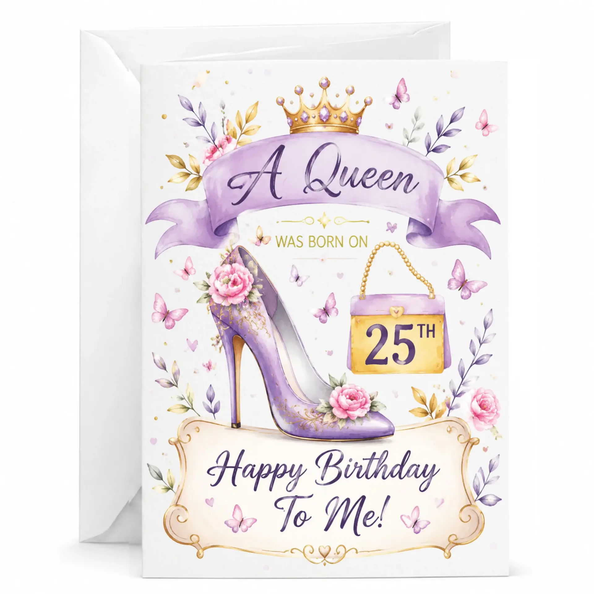 Birthday Card for Her Queen Theme Featuring Stiletto and Floral Art Elegant Greeting Card with Matching White Envelope