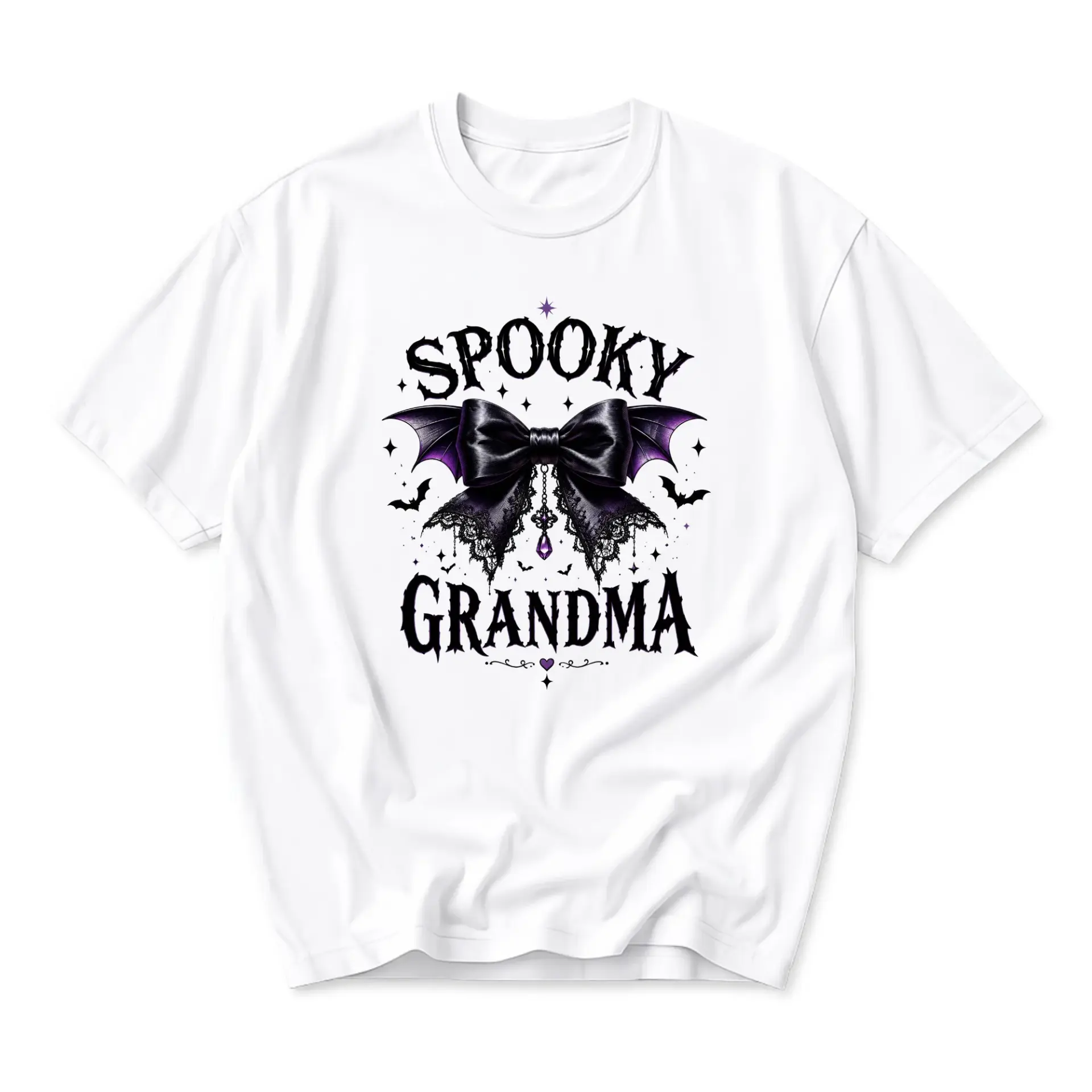 Funny Shirt Spooky Grandma Graphic Tee Gothic Style Bow Bat Wings Print Unisex Crew Neck Casual Cotton Top Apparel