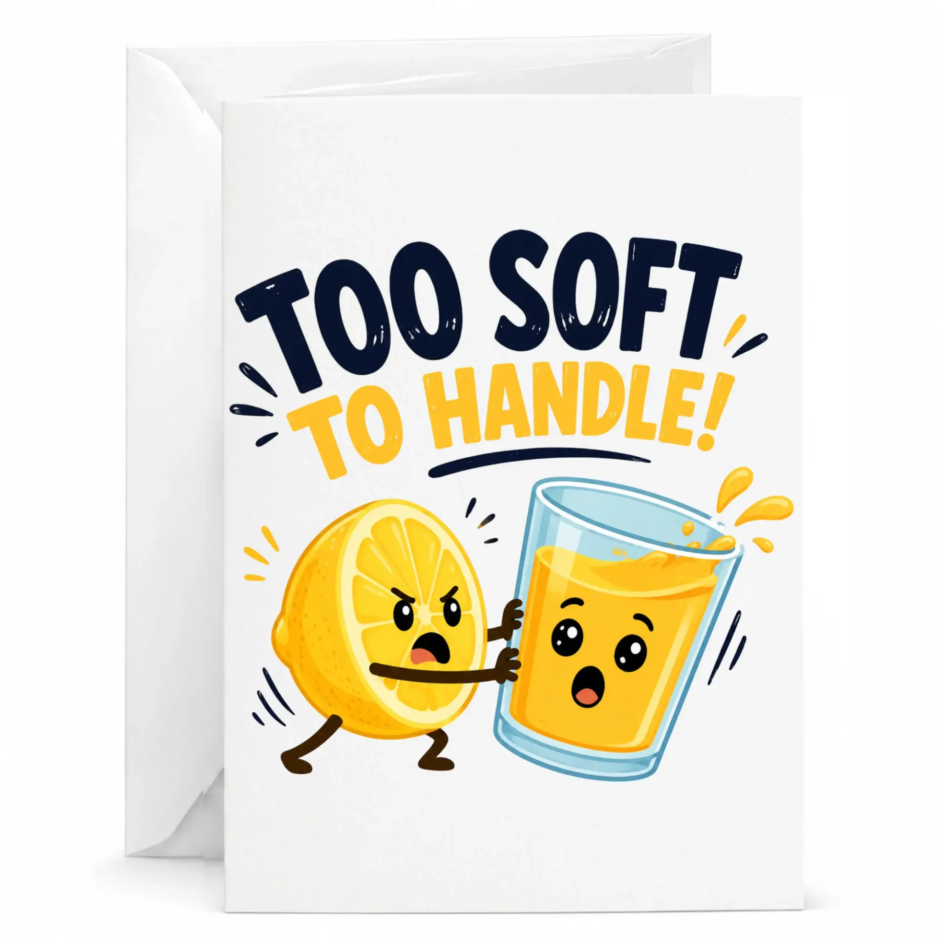 Funny Greeting Card Too Soft to Handle Featuring a Cartoon Lemon and Orange for Birthday or Just Because