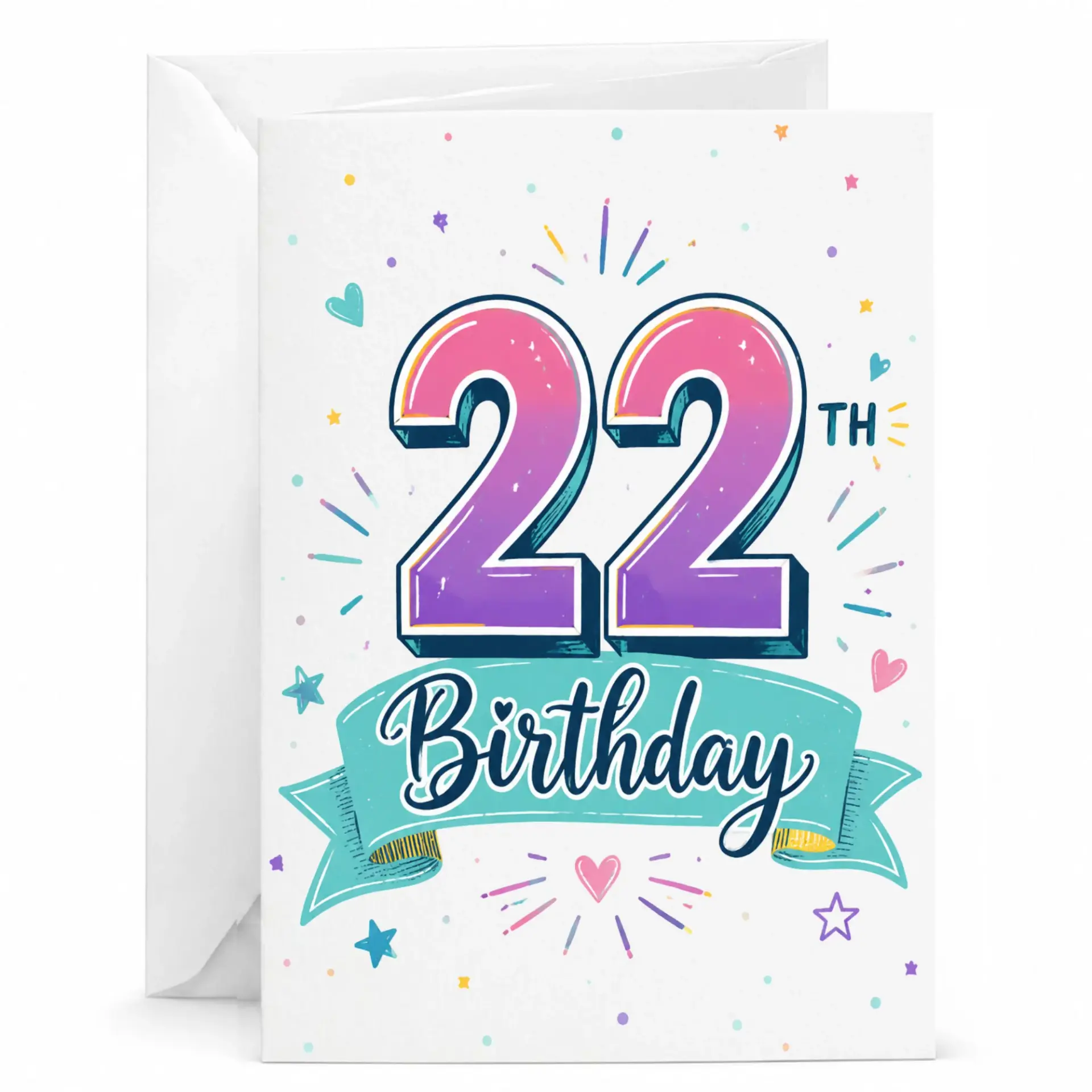 Birthday Card for 22nd Birthday Celebration Colorful Festive Greeting Card with Matching White Envelope 5x7 Inches