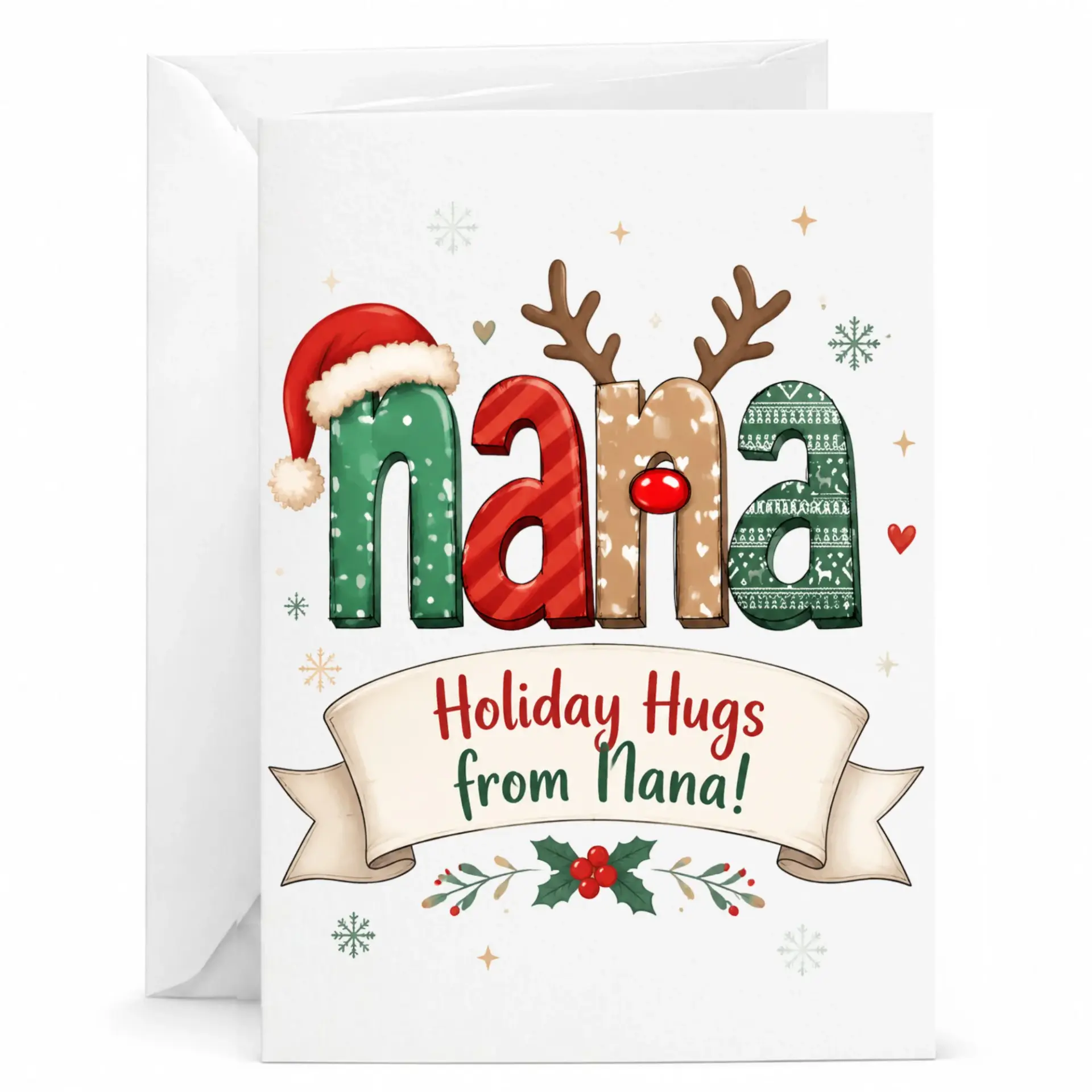 Greeting Card Holiday Hugs from Nana Festive Winter Season Seasonal Greeting Card for Grandmother Winter Holiday Gift