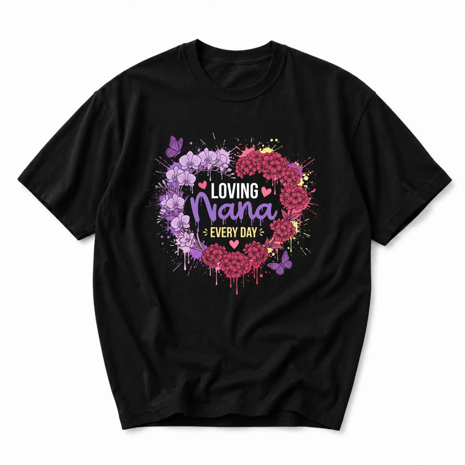 T-shirt Loving Nana Every Day Floral Heart Graphic Tee Unisex Short Sleeve Crew Neck Comfortable Casual Apparel