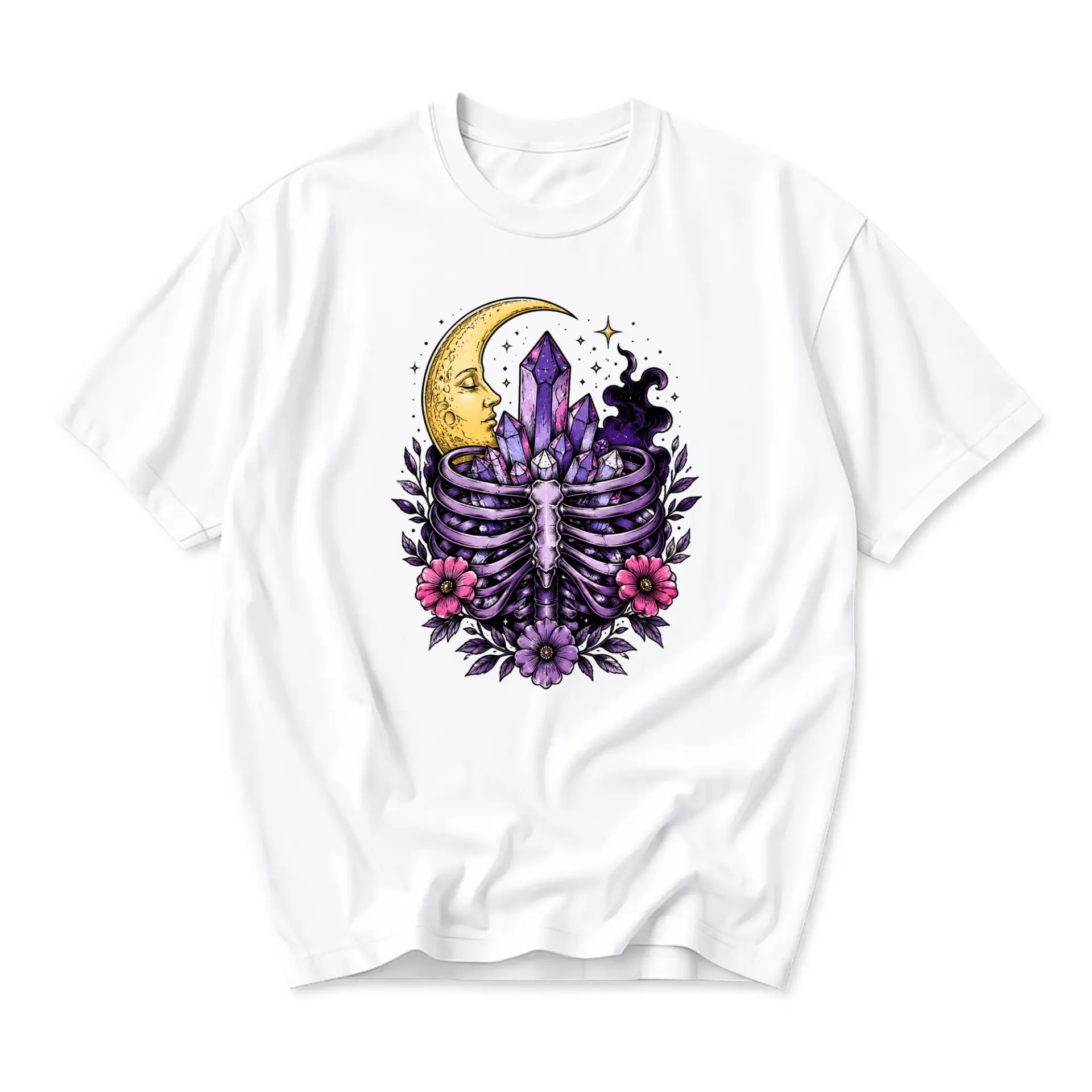 Graphic Tee Celestial Crystal Ribcage Art Print Unisex Casual Crew Neck Short Sleeve Soft Cotton Everyday Apparel