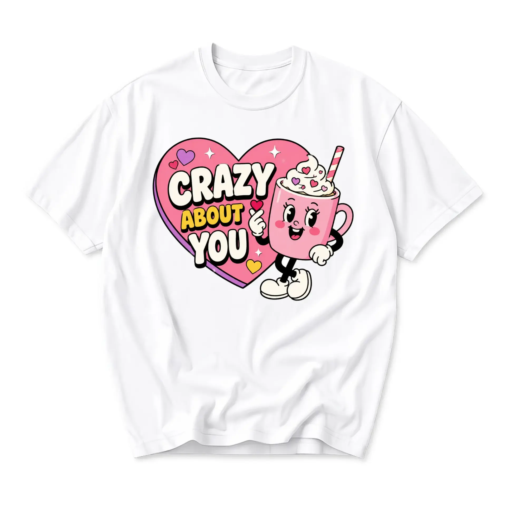 Graphic Tee Crazy About You Coffee Cup Heart Design Retro Style Unisex Short Sleeve Crew Neck Cotton Casual T-Shirt