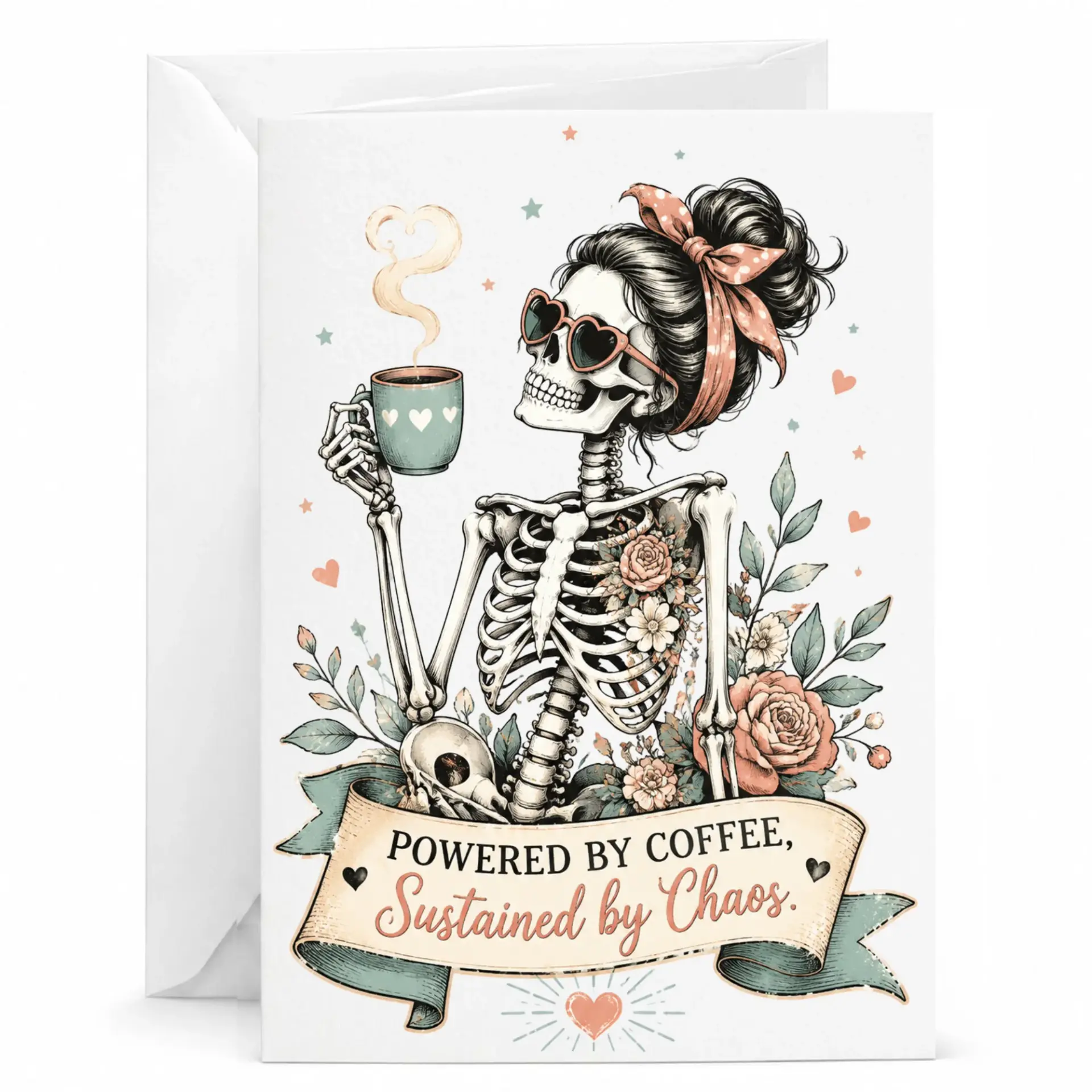 Funny Skeleton Coffee Greeting Card Powered by Sustained by Decorative Illustration Stationery