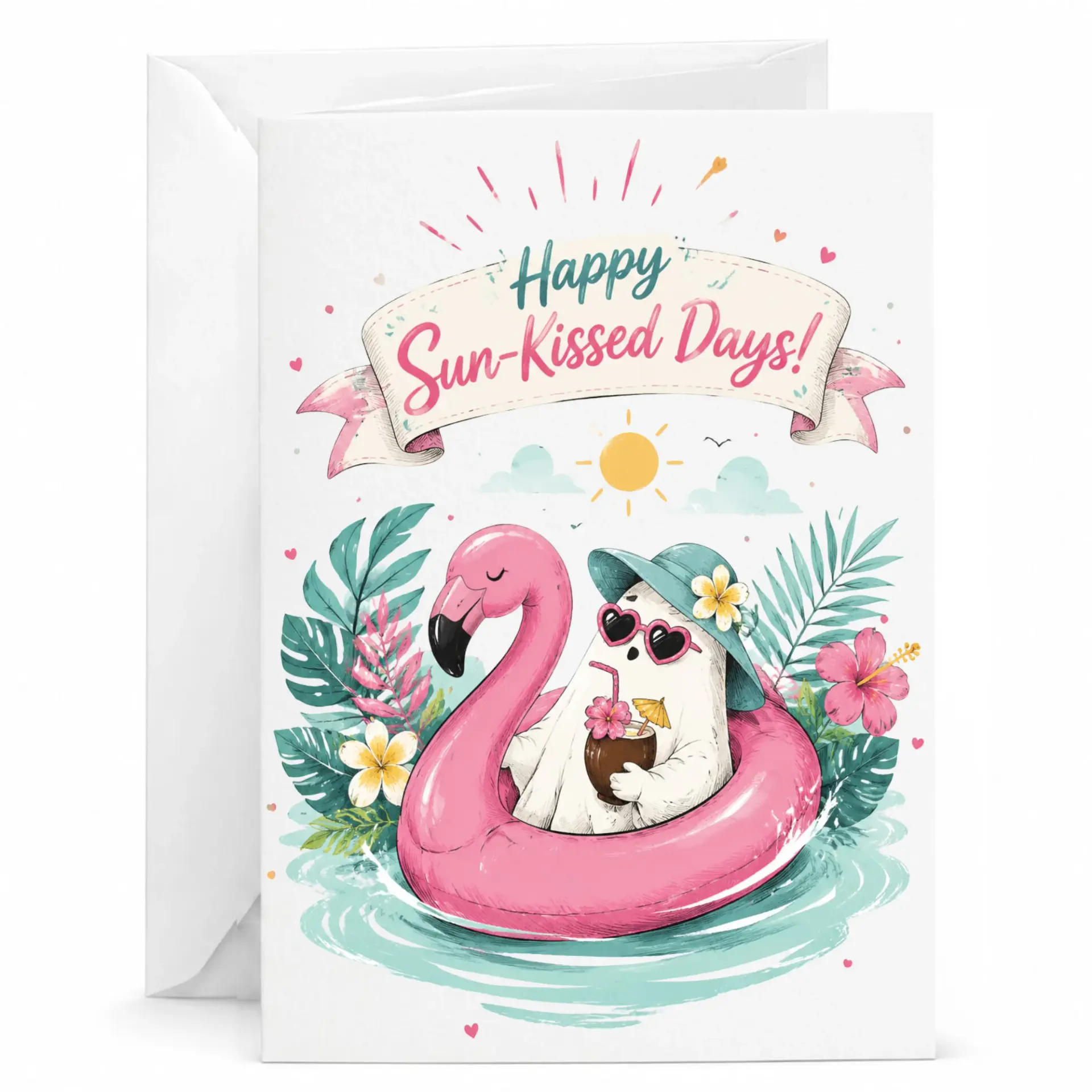 Greeting Card Happy Sun-Kissed Days Featuring a Cute Tropical in a Flamingo for Summer Wishes and Celebrations